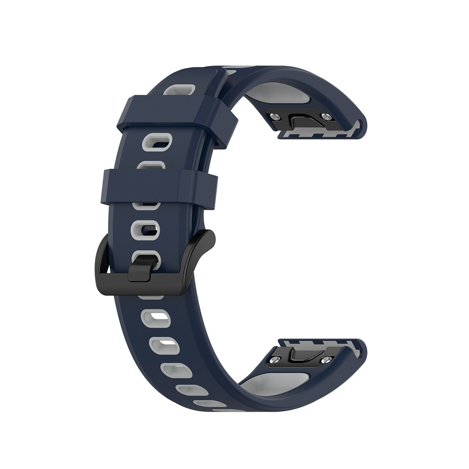 Blaues Uhrenarmband mit grauem Futter und schwarzem Verschluss.