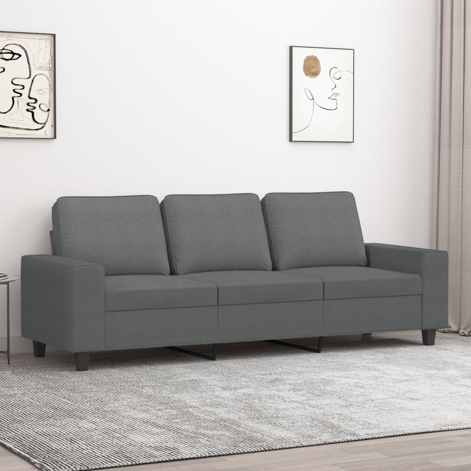 Graues Sofa mit drei Kissen, auf gemustertem Teppich, zwei gerahmte Kunstwerke an der Wand.