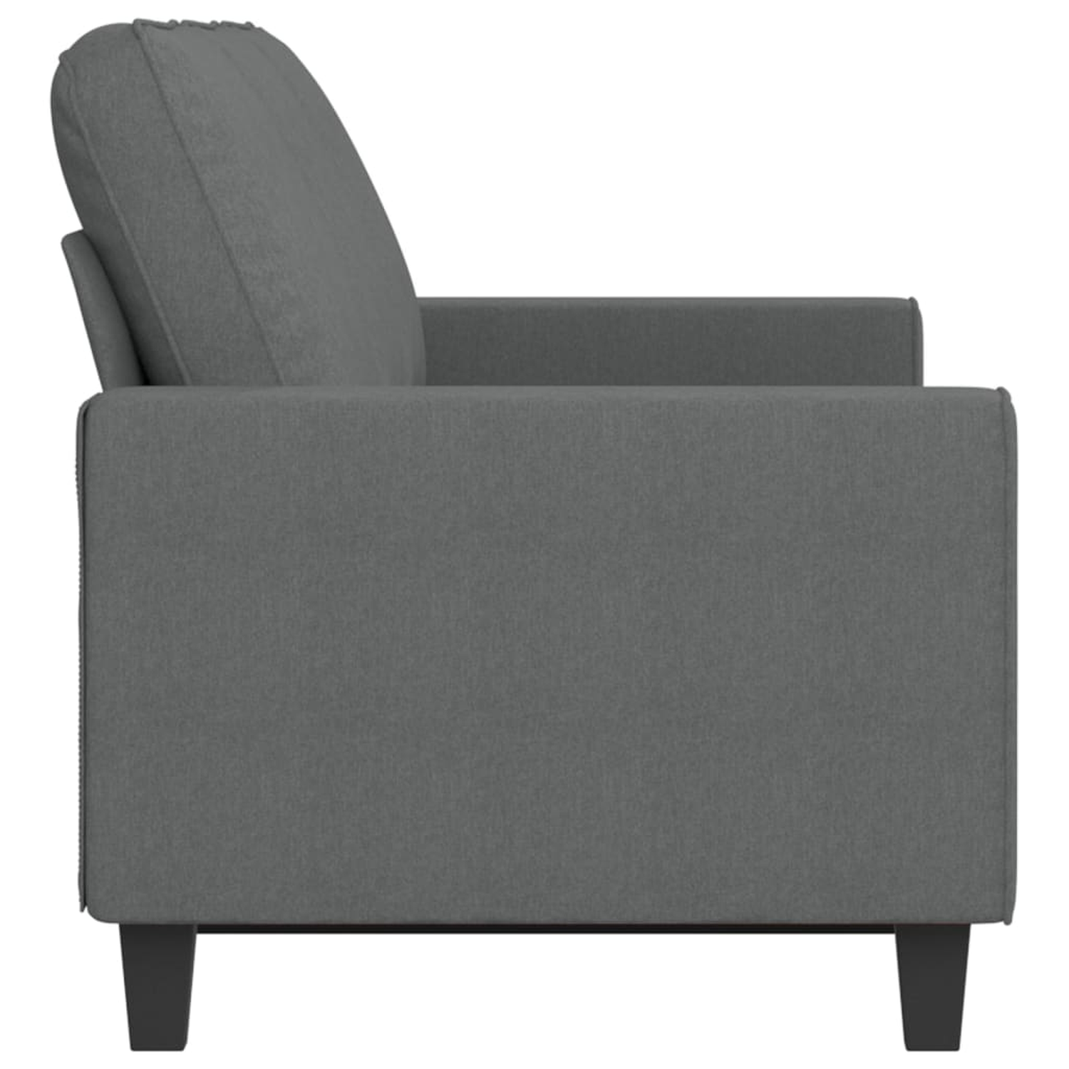 Graues Sofa mit schwarzen Beinen, Seitenansicht. Weißer Hintergrund.