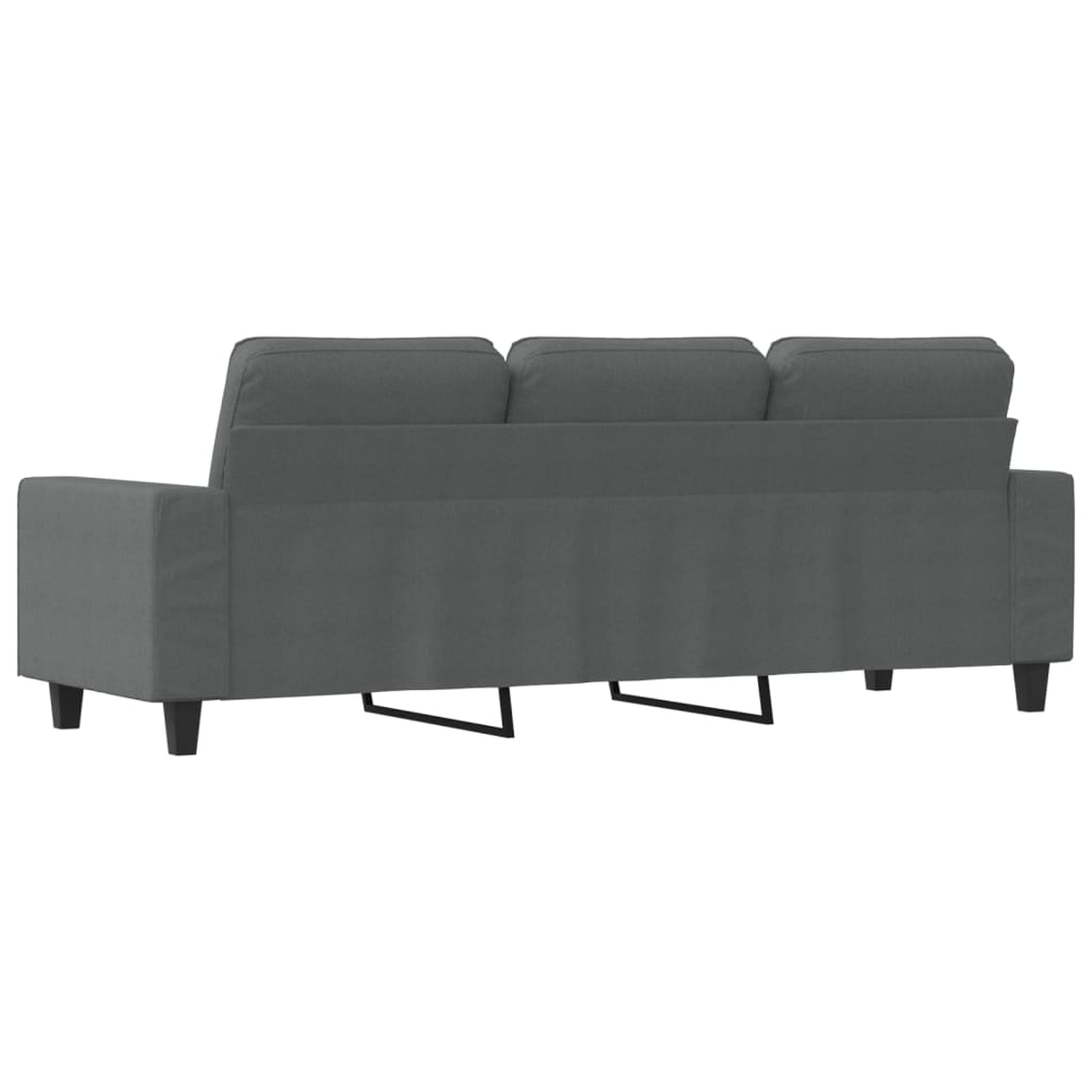 Rückansicht eines grauen Sofas mit drei Kissen, mit schwarzen Beinen und einem schwarzen Rahmen.