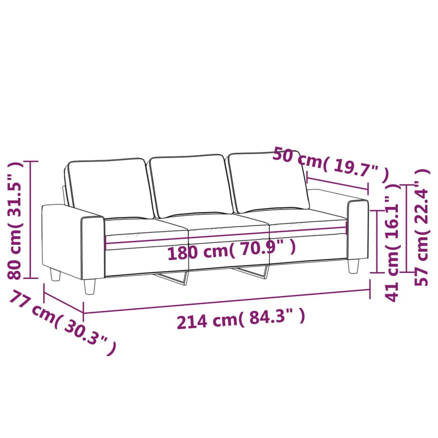 Ein 3-Sitzer-Sofa mit Abmessungen in cm und Zoll, das die Gesamtgröße und Sitzdetails zeigt.