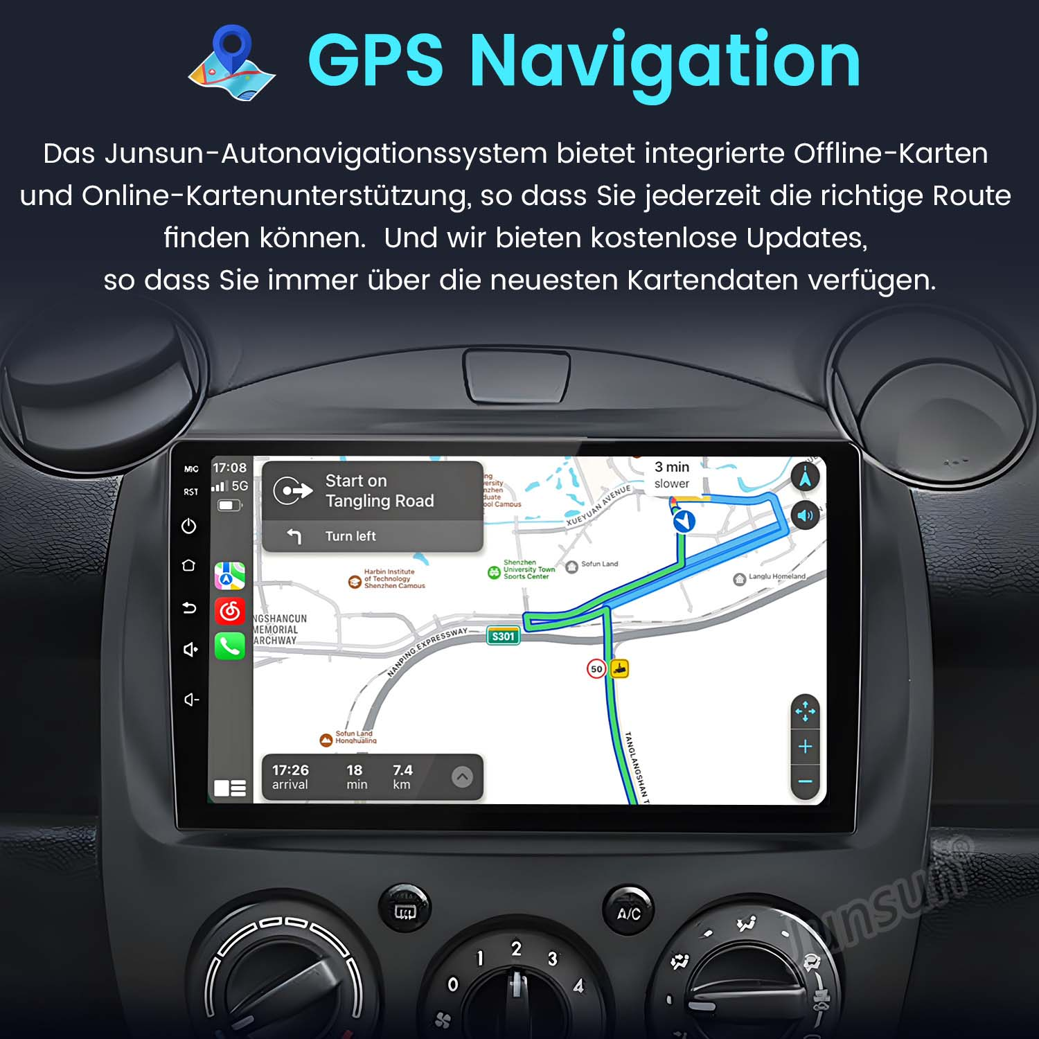 Auto-Armaturenbrett mit GPS-Navigation und Route.