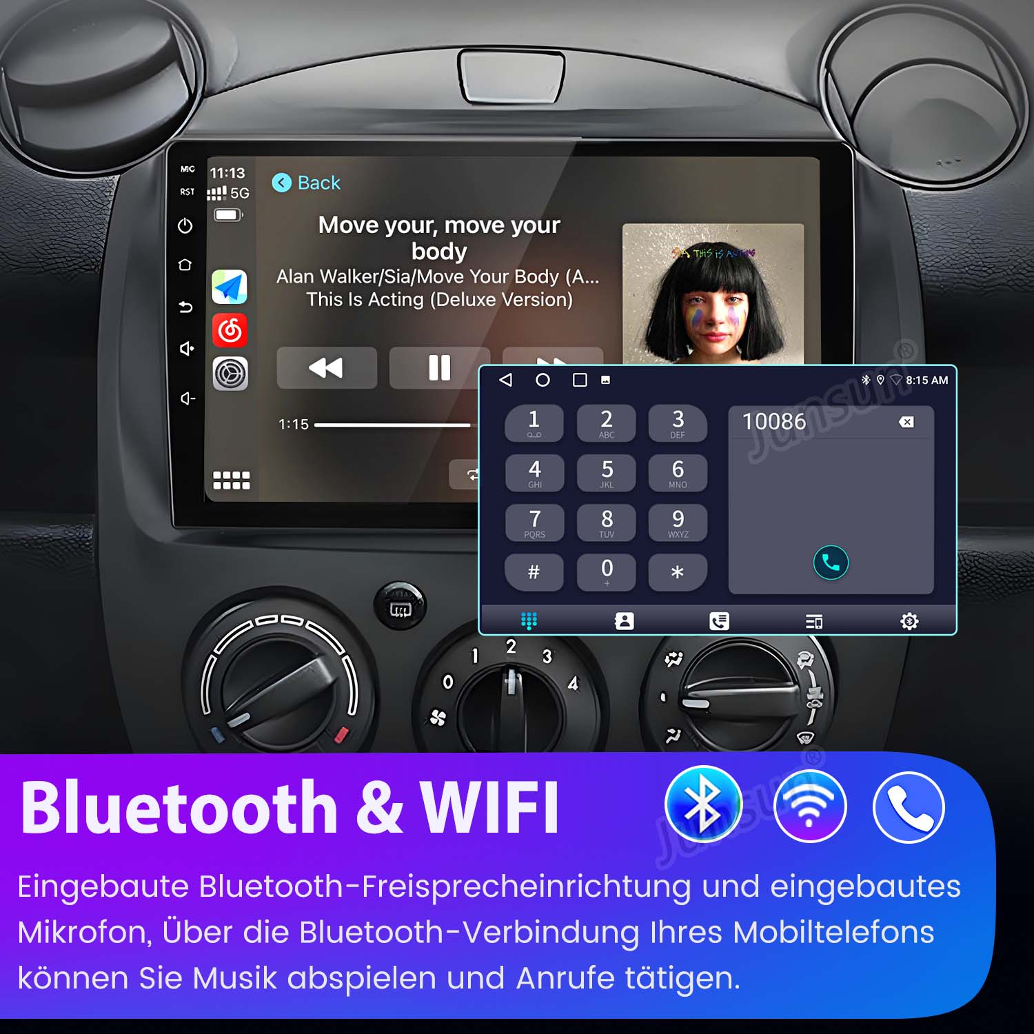 Autoradio-Bildschirm mit Telefontastatur, Musiksteuerung und dem Bild einer Sängerin. Text: 'Bluetooth & WIFI'.