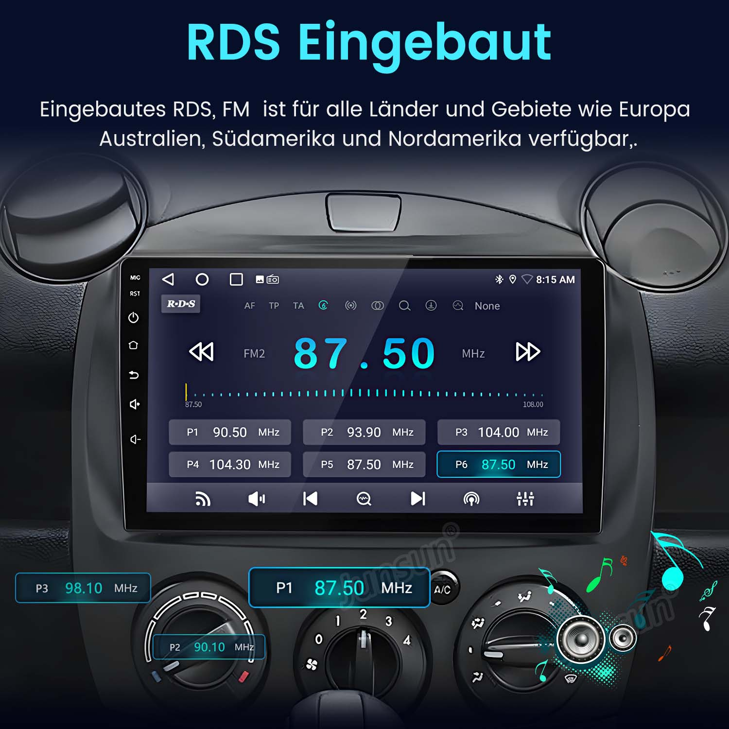 Autoradiobildschirm mit RDS-Einstellungen. UKW-Radiosender wird angezeigt. Text: RDS eingebaut.