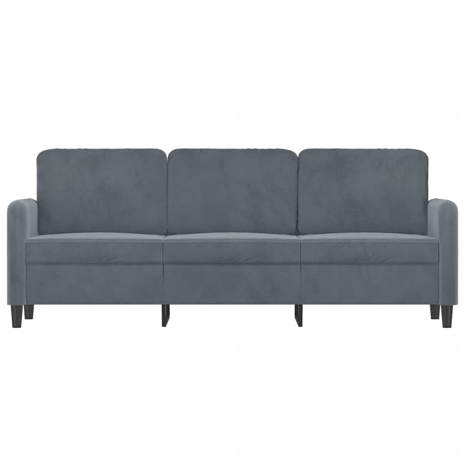 Ein graues Dreisitzer-Sofa vor weißem Hintergrund, Studioaufnahme.