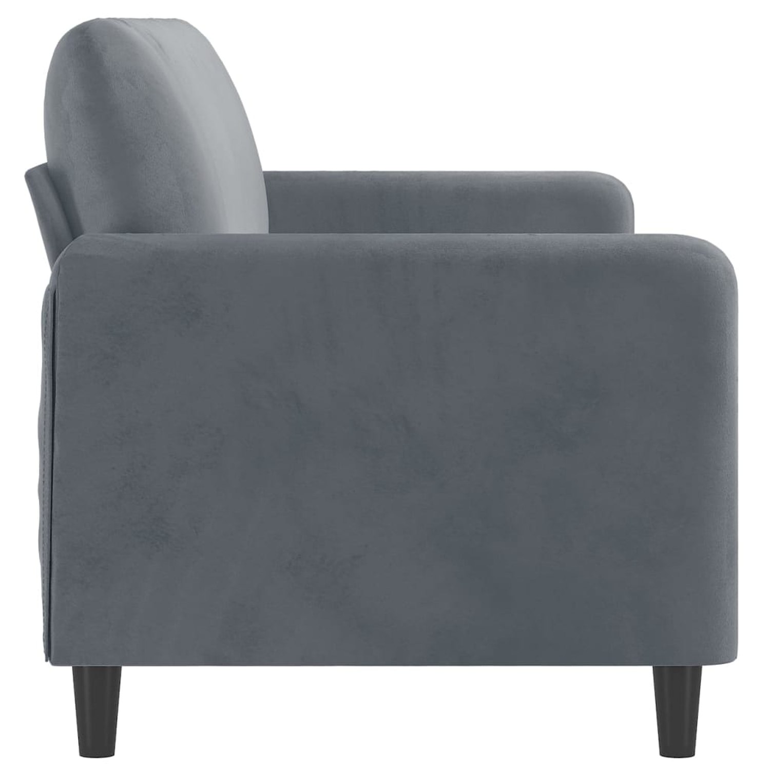 Seitenansicht eines grauen Sofas mit schwarzen Beinen, auf weißem Hintergrund.