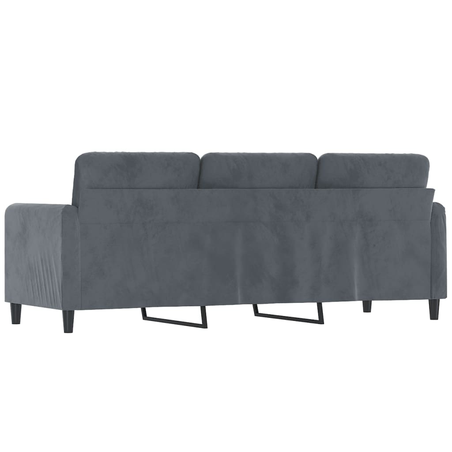 Ein graues Dreisitzer-Sofa vor einer weißen Wand.