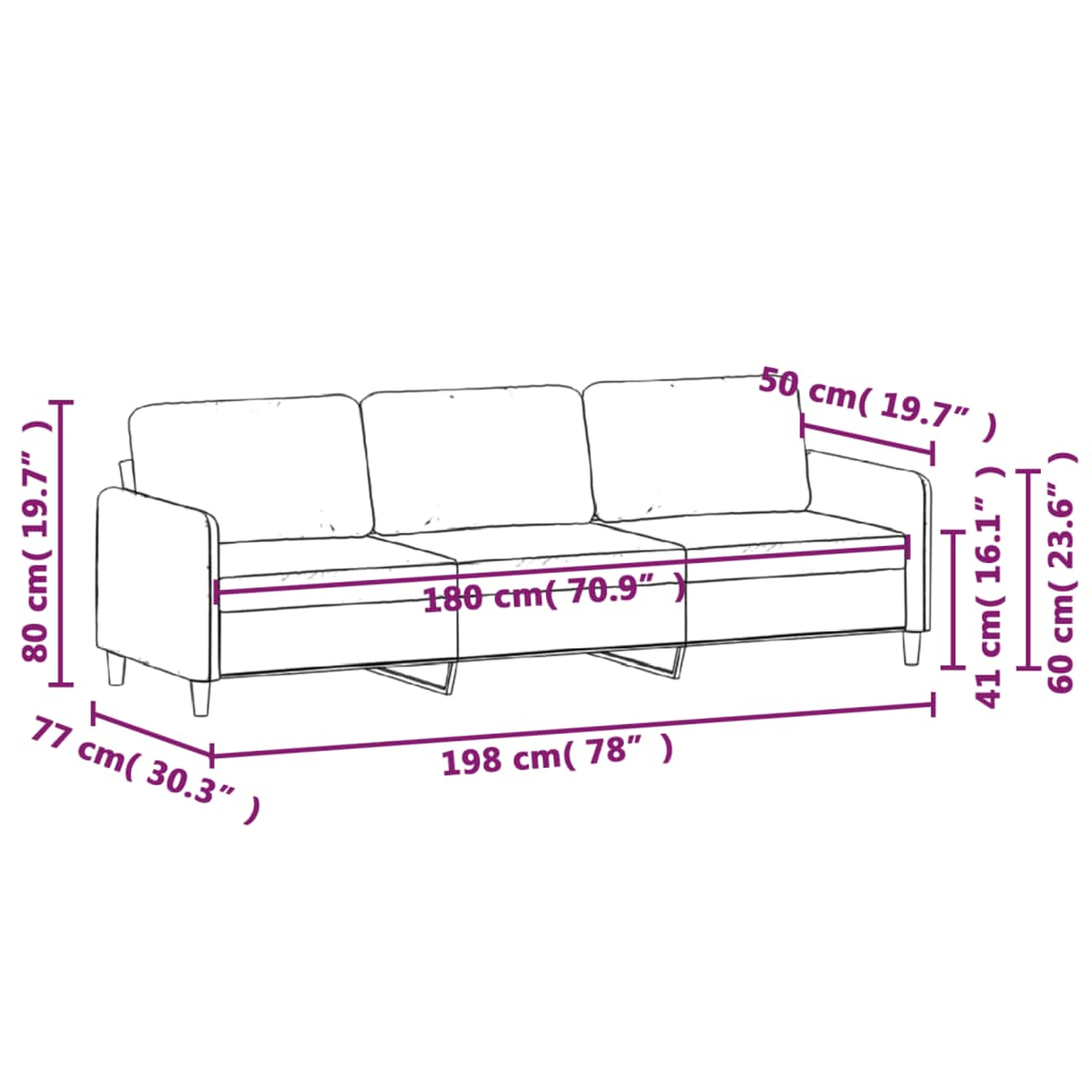 Diagramm mit Abmessungen eines schwarzen Sofas, das Länge, Breite und Höhe zeigt.
