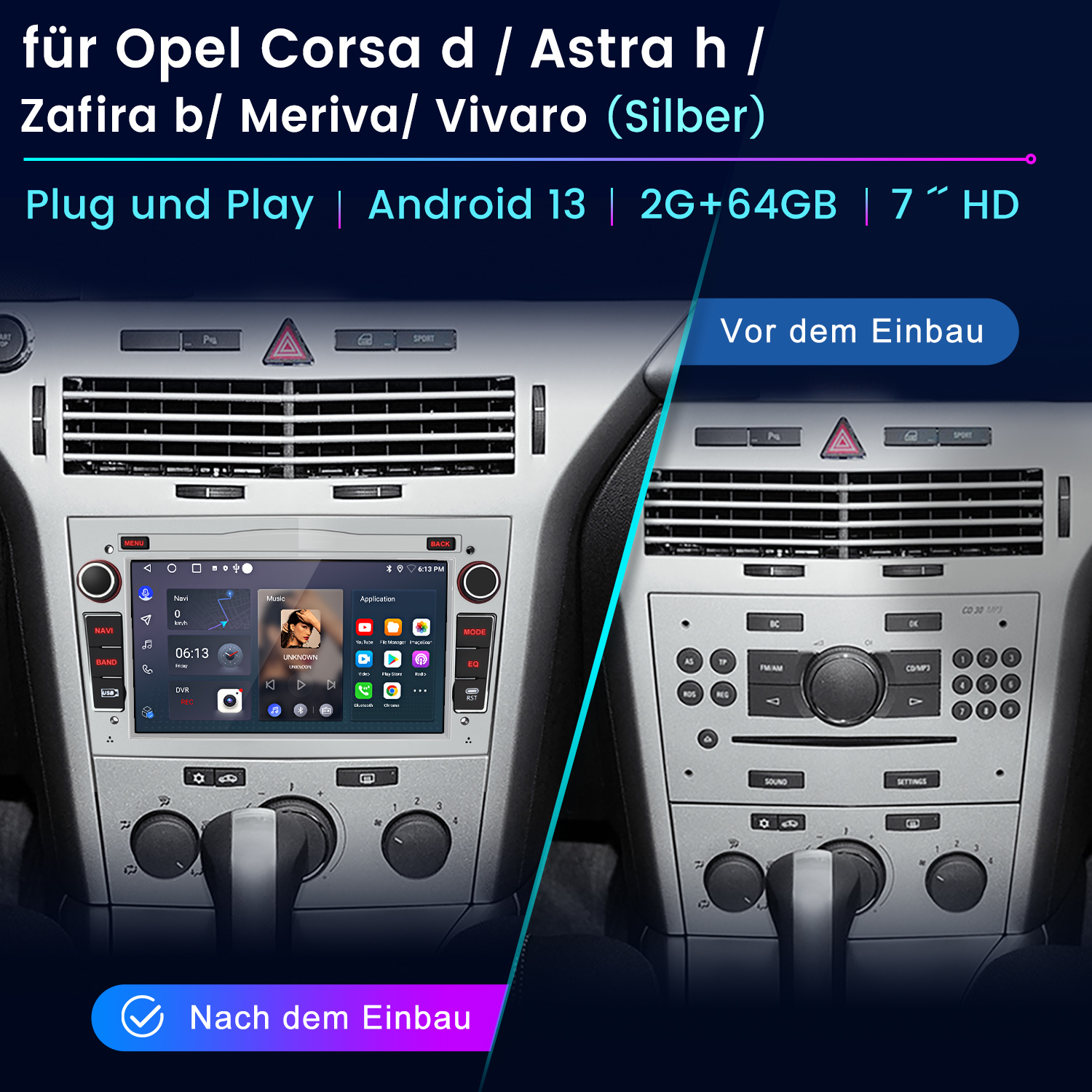 Instalacja samochodowego systemu stereo przed i po, z ekranem.
