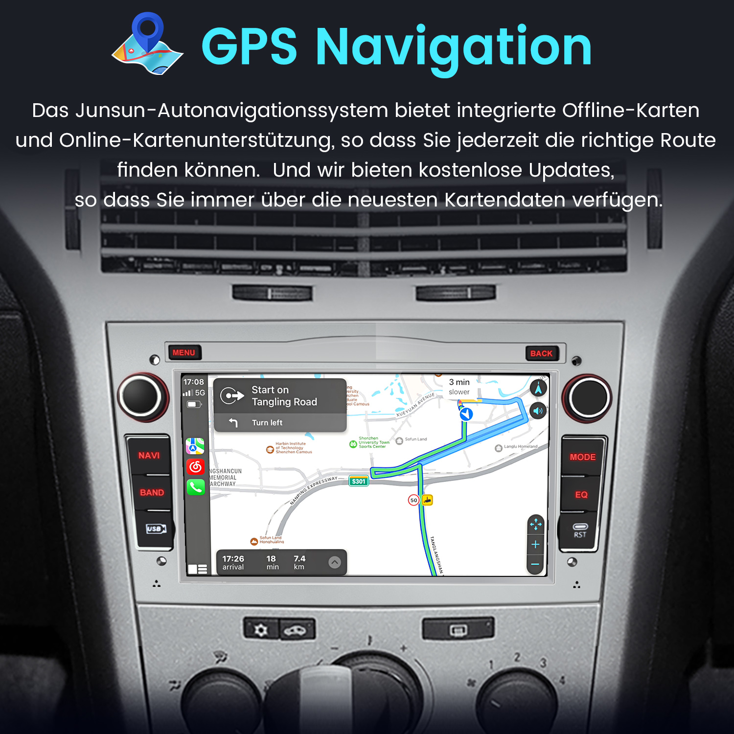 Das Navigationssystem des Autos zeigt eine Karte mit einer Route und Steuertasten.