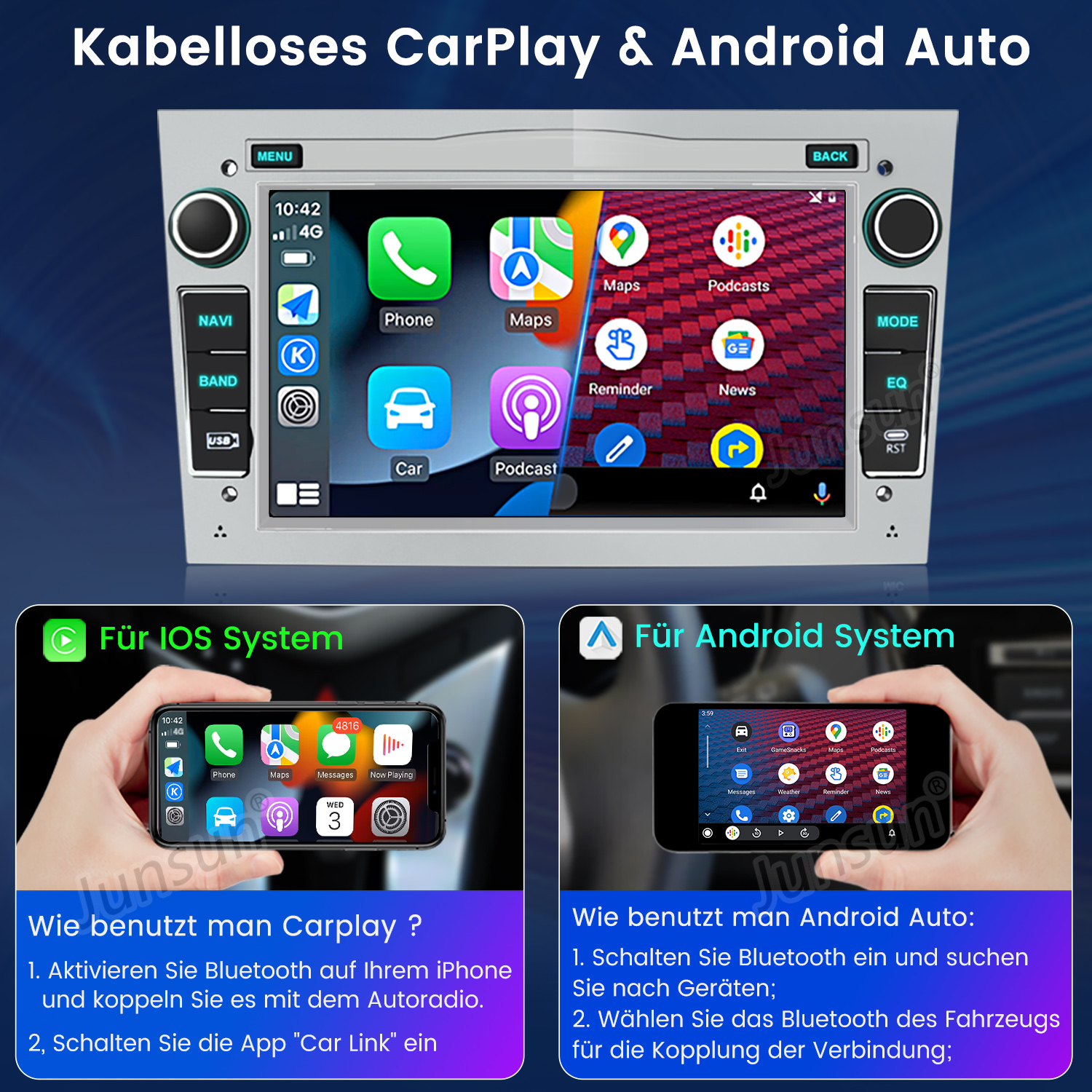 Autoradio-Bildschirm mit Navigations-, Telefon-, Karten- und Podcast-Apps, darunter zwei Handys mit CarPlay und Android Auto.