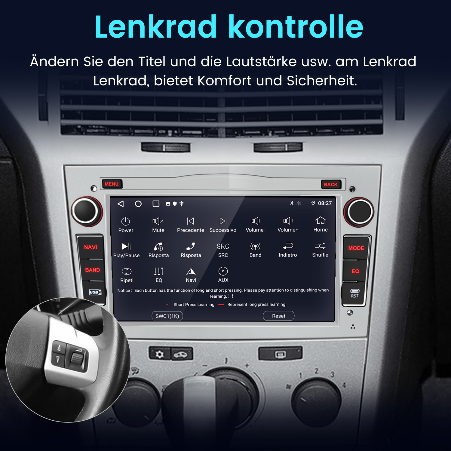 Autoradio-Bildschirm mit Tasten und Lenkradbedienungsanweisungen.