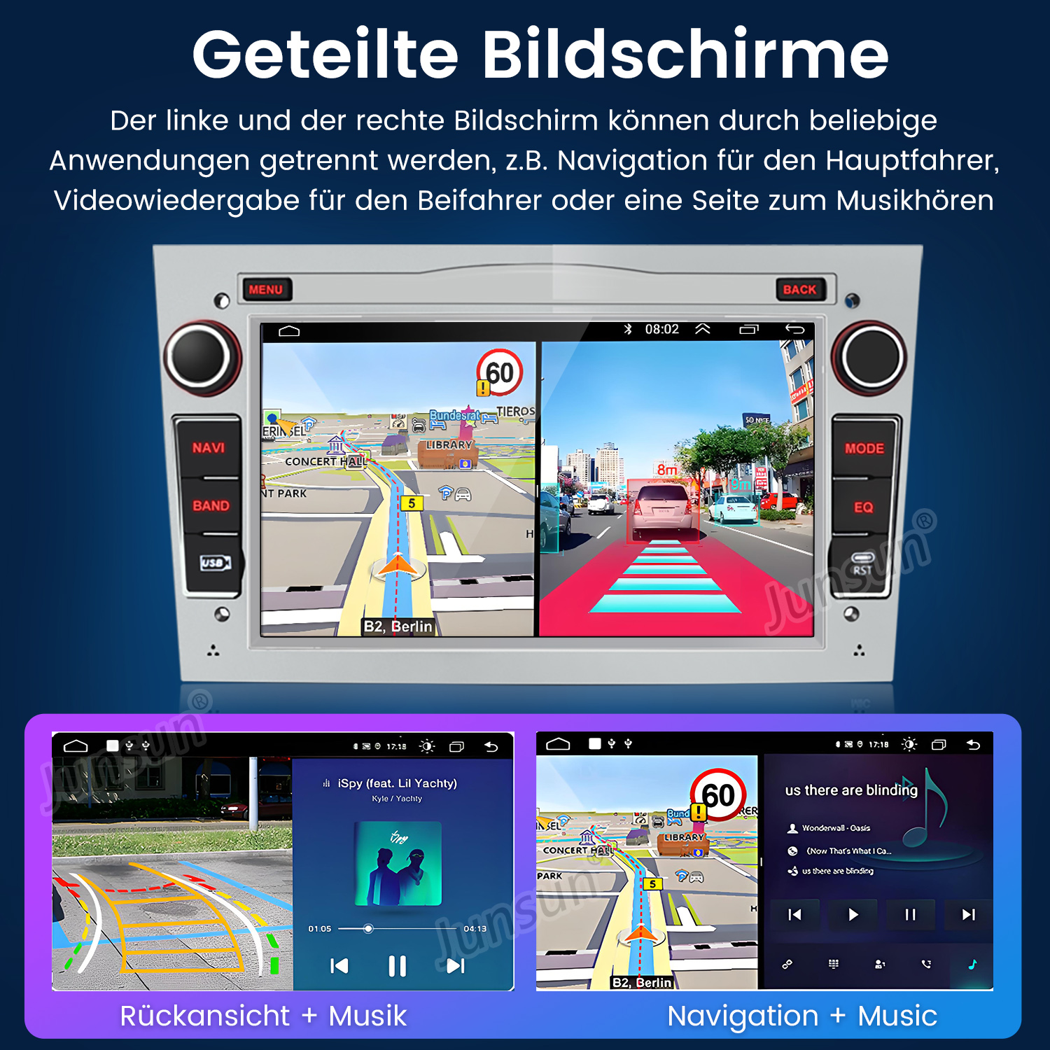 Autoradio-Bildschirm mit Navigations- und Musikoberflächen. Zwei kleinere Bildschirme zeigen Navigation und Musik.