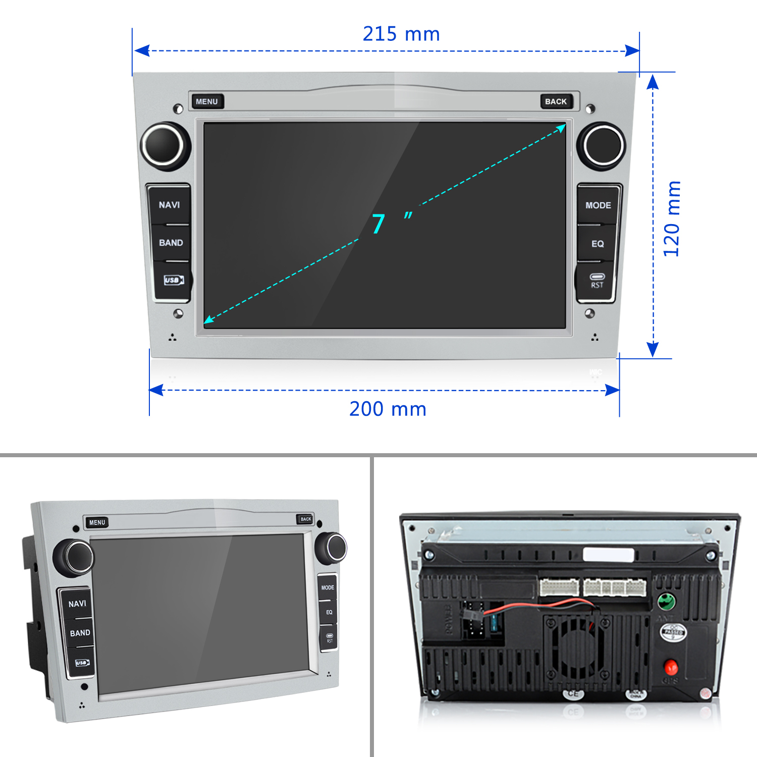 Ein Autoradio mit Touchscreen, Knöpfen und Abmessungen in Weiß beschriftet.