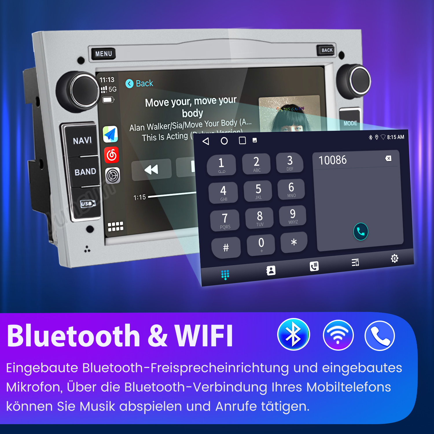 Autoradio-Bildschirm mit Telefontastatur. Bluetooth- und WIFI-Symbole sind sichtbar, mit Text.