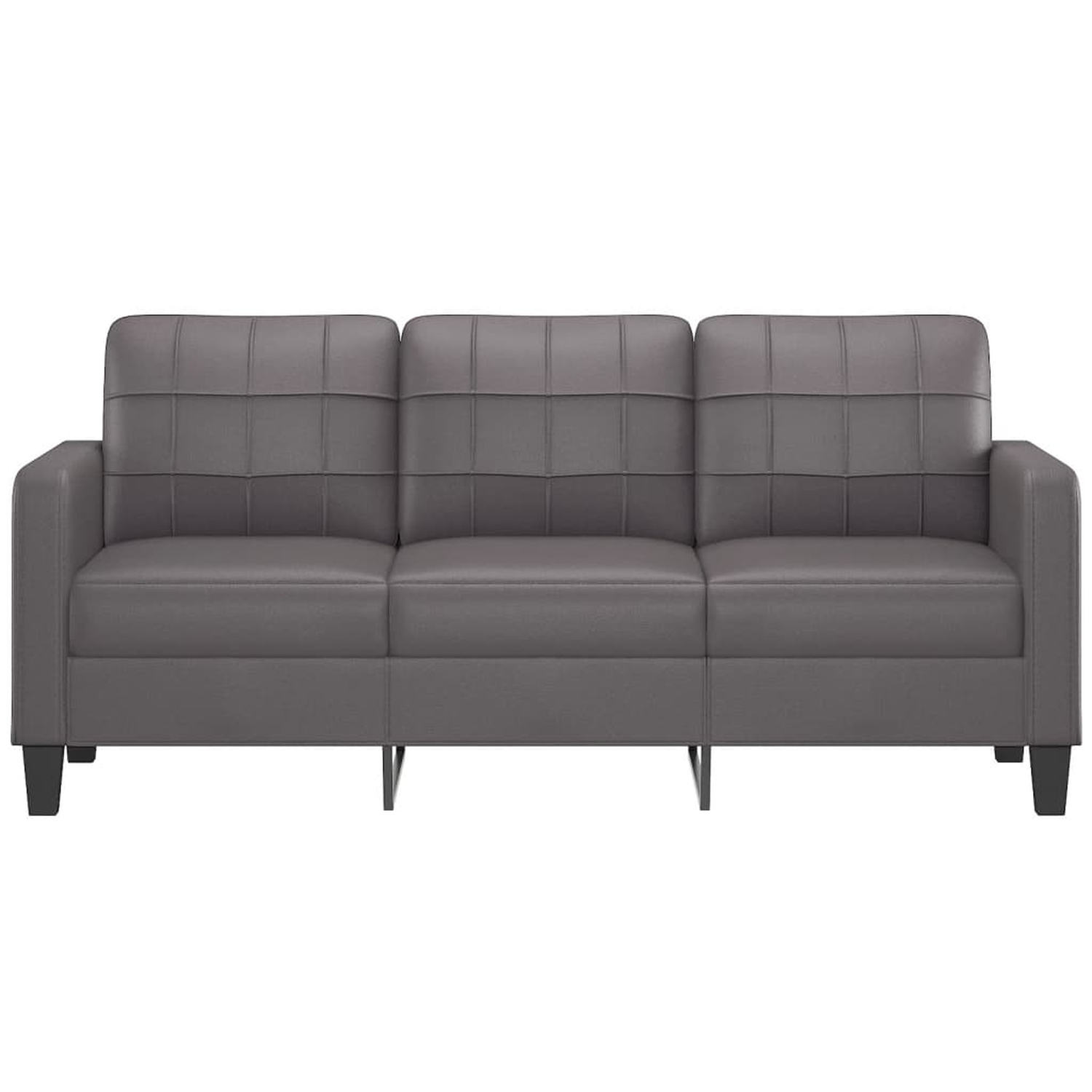 Ein graues Dreisitzer-Sofa mit getuftetem Design. Es hat einen dunklen Rahmen und steht auf weißem Hintergrund.