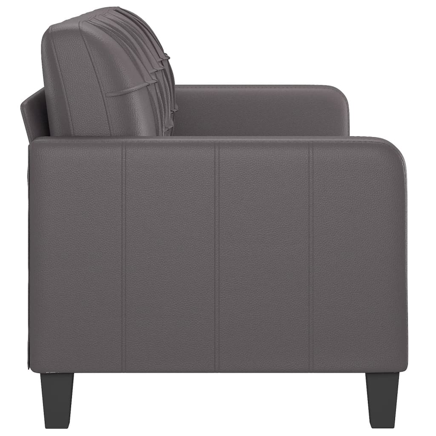 Graues Sofa mit schwarzen Beinen. Seitenansicht zeigt Kissen und Armlehnen.