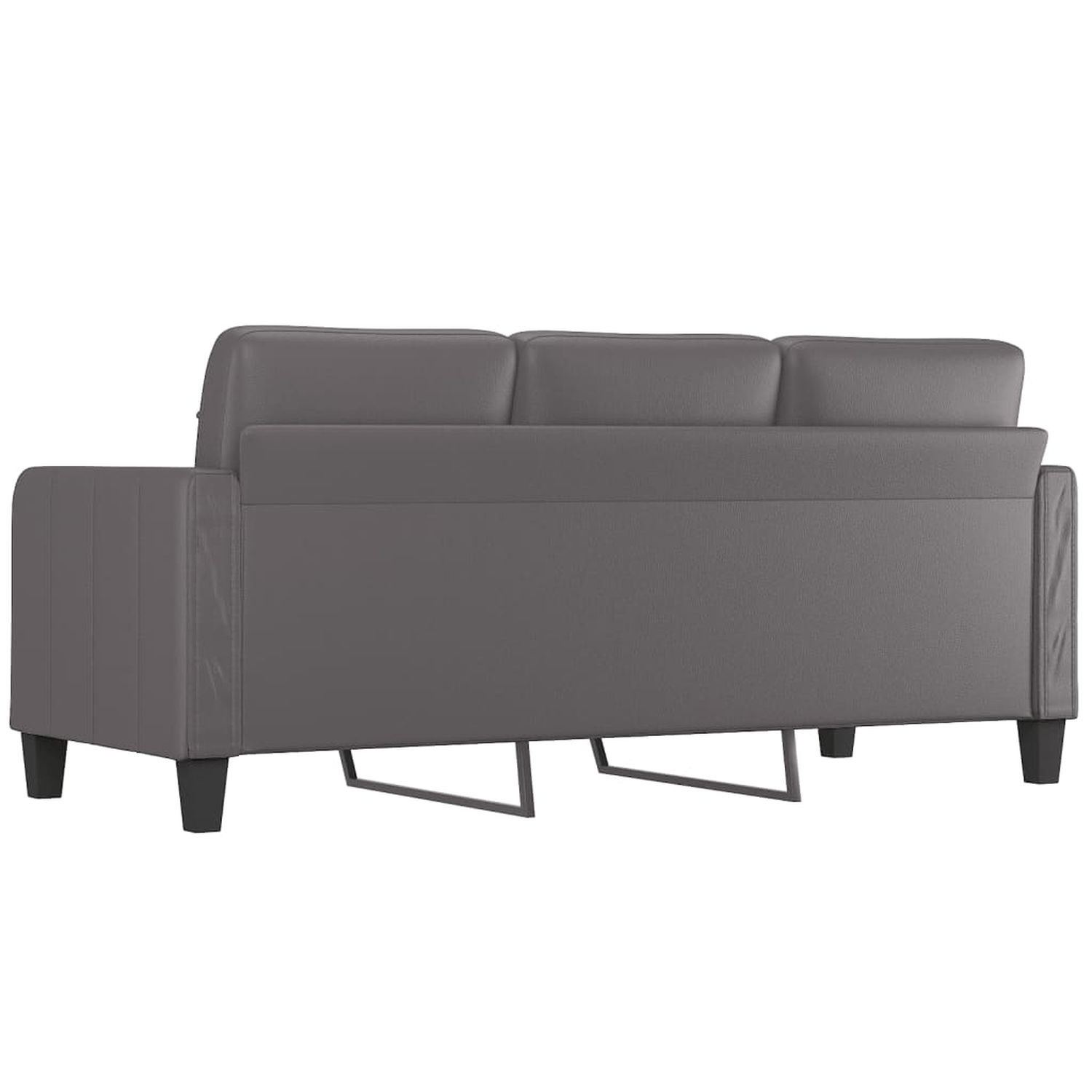 Graue Sofa-Rückansicht mit drei Kissen und schwarzen Beinen auf weißem Hintergrund.