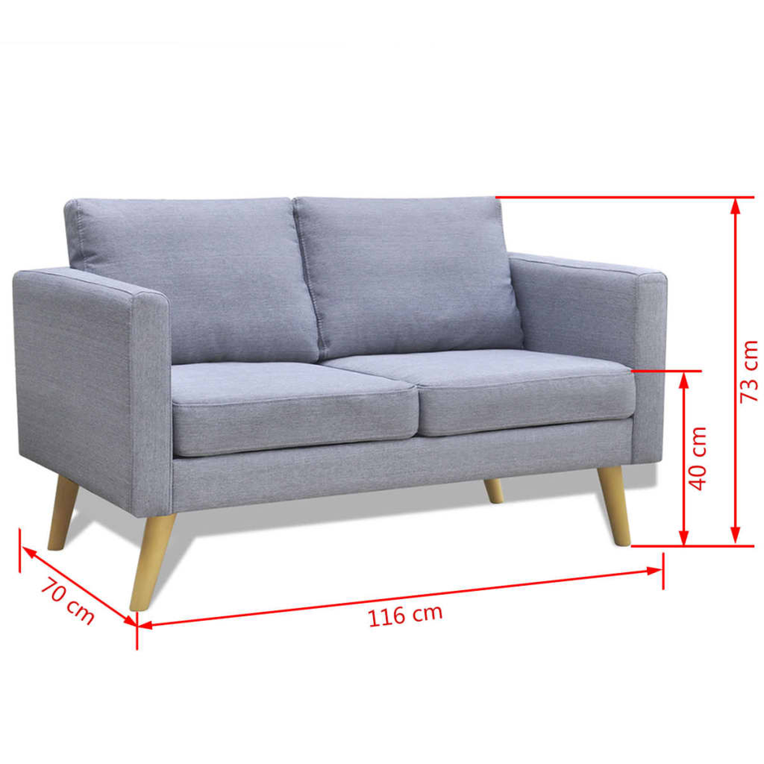 Graues Sofa mit beschrifteten Maßen. Hat Holzbeine und zwei Kissen. Text: 116 cm, 70 cm und 73 cm.