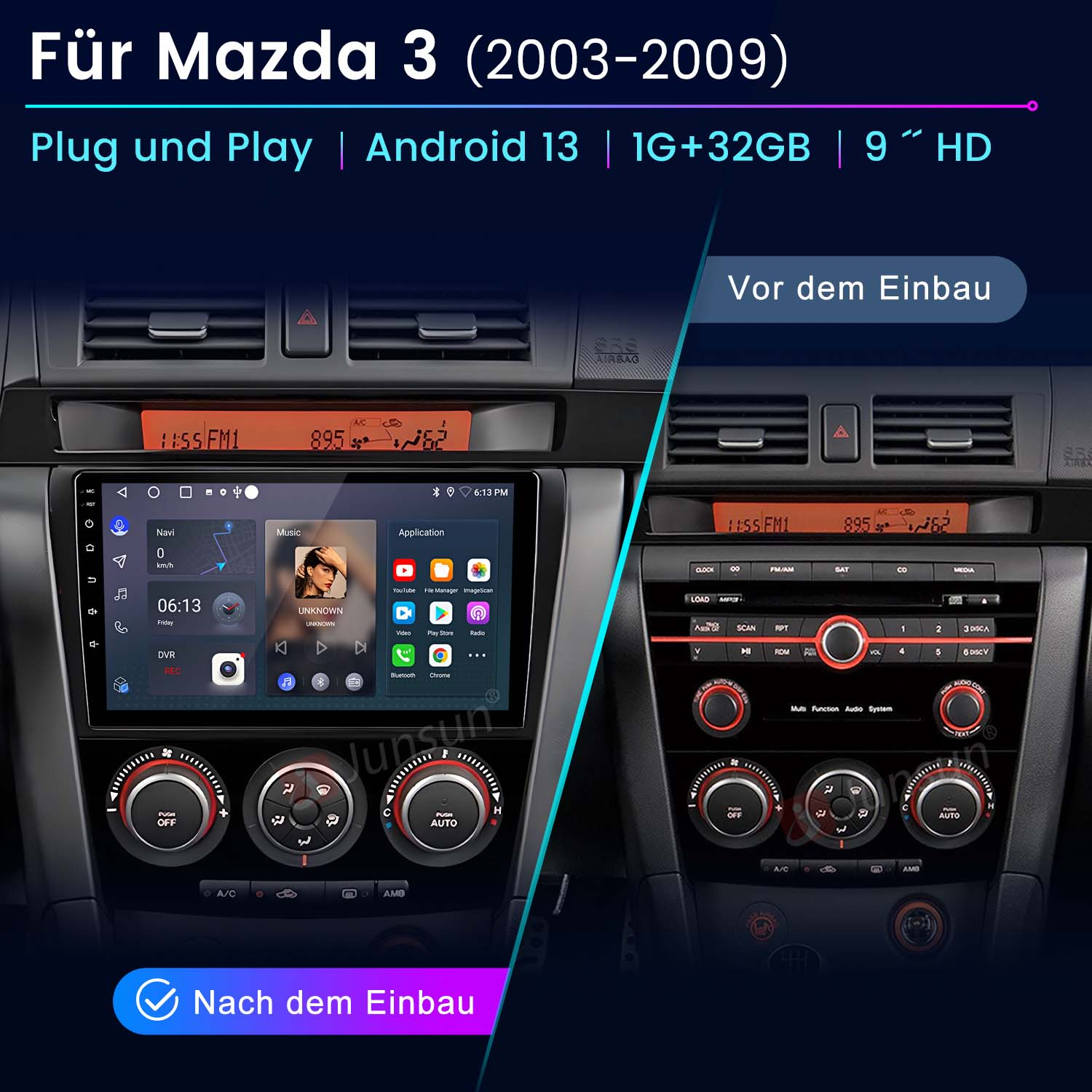 Autoradio mit Android-Oberfläche, Bildschirm und Klimabedienelementen des Autos.