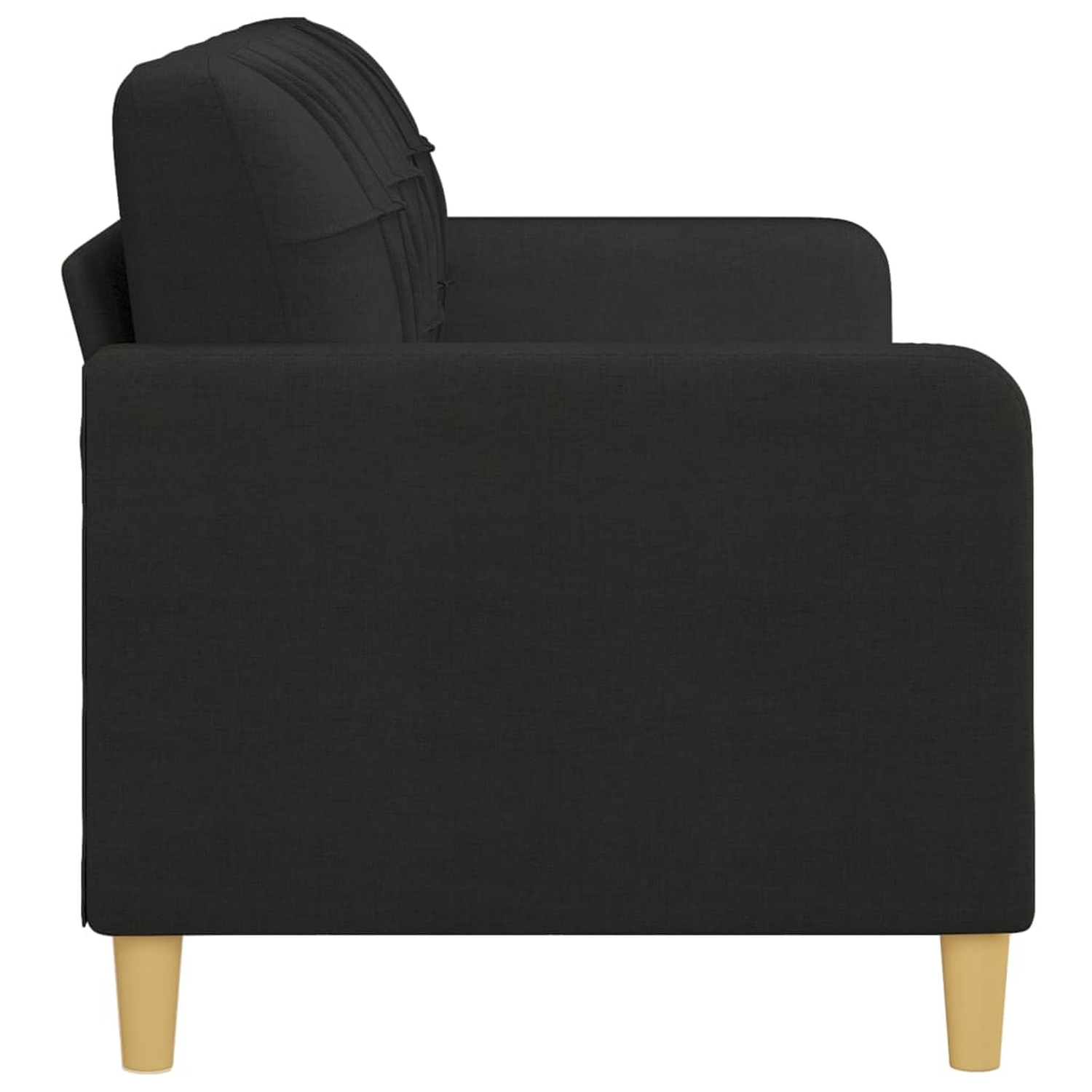 Seitenansicht eines schwarzen Stoffsofas mit Holzbeinen.