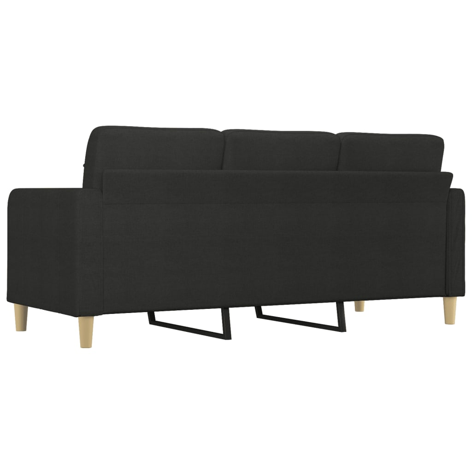 Schwarzes Sofa, Rückansicht, mit hellen Holzbeinen und schwarzen Metallstützen.