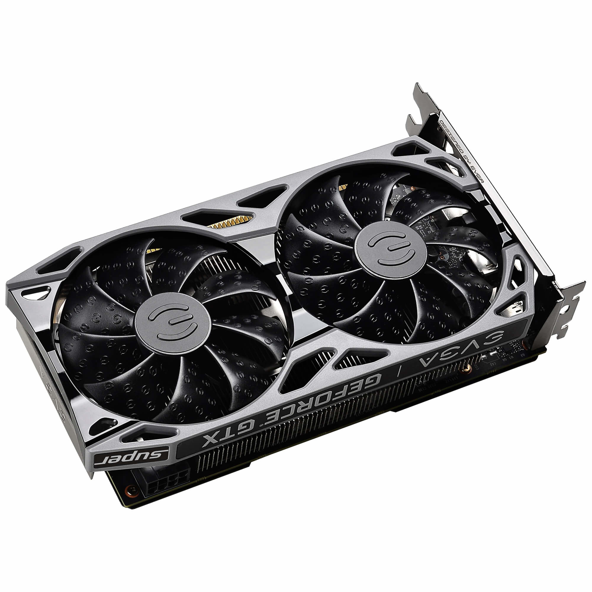 Silberne und schwarze Grafikkarte mit zwei Lüftern, Aufschrift GeForce GTX und EVGA.