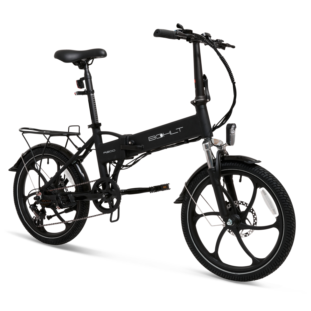 Black folding e-bike, black tires, black seat, white background.