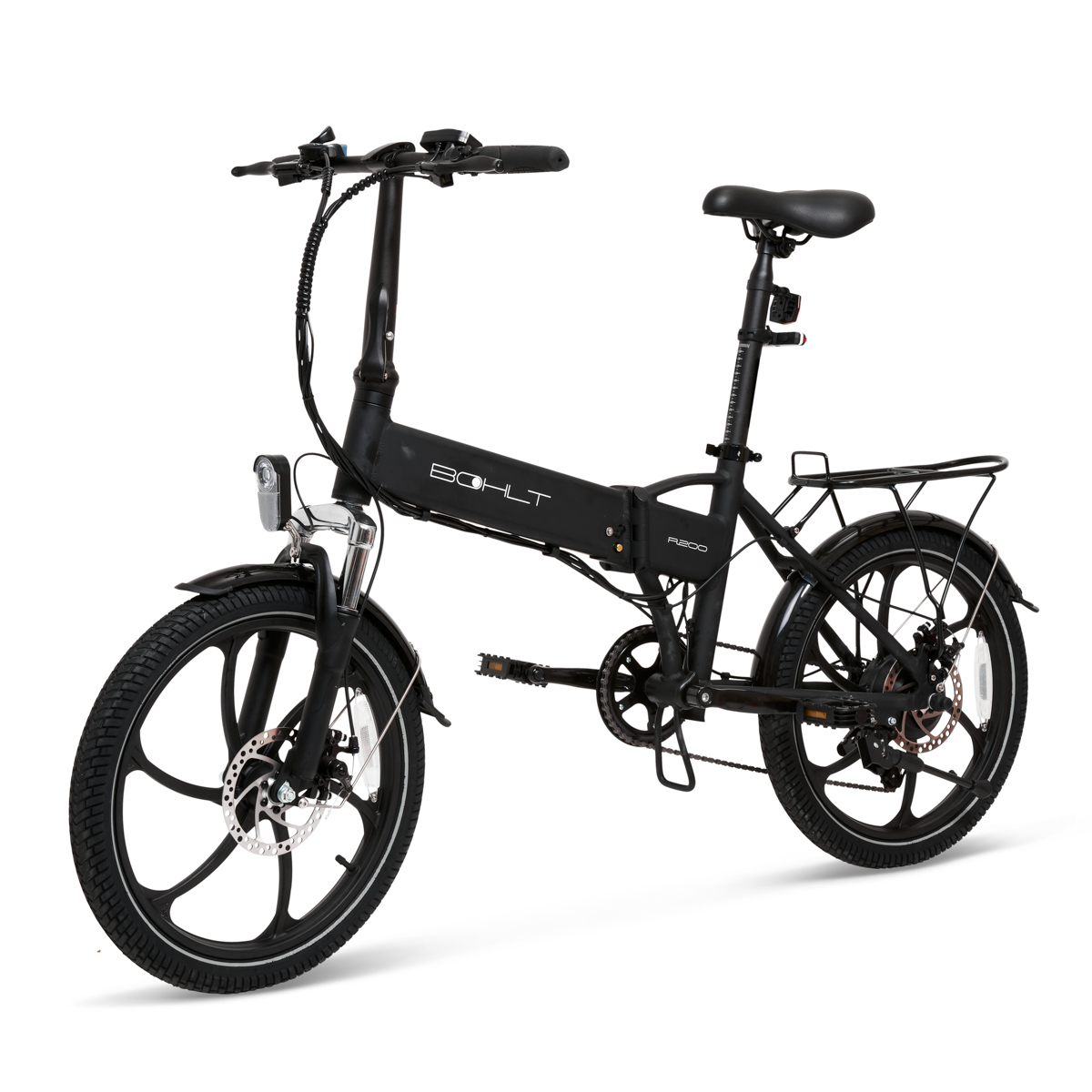 Black electric bicycle with a headlight and rear rack on a white background.