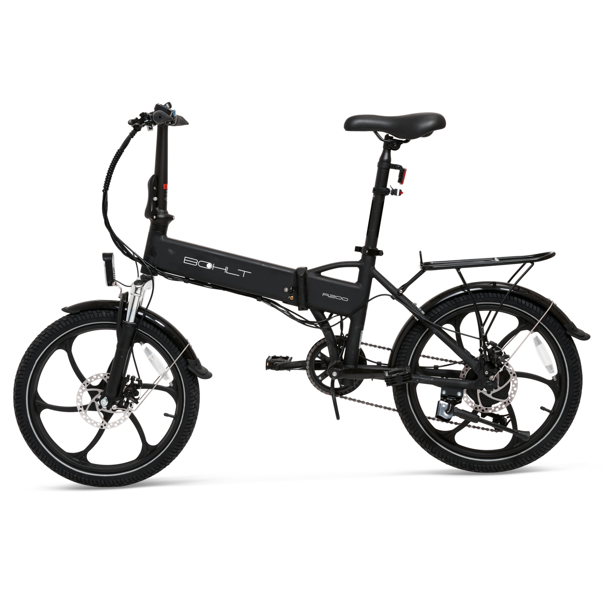 A black folding electric bike with a black seat and frame.
