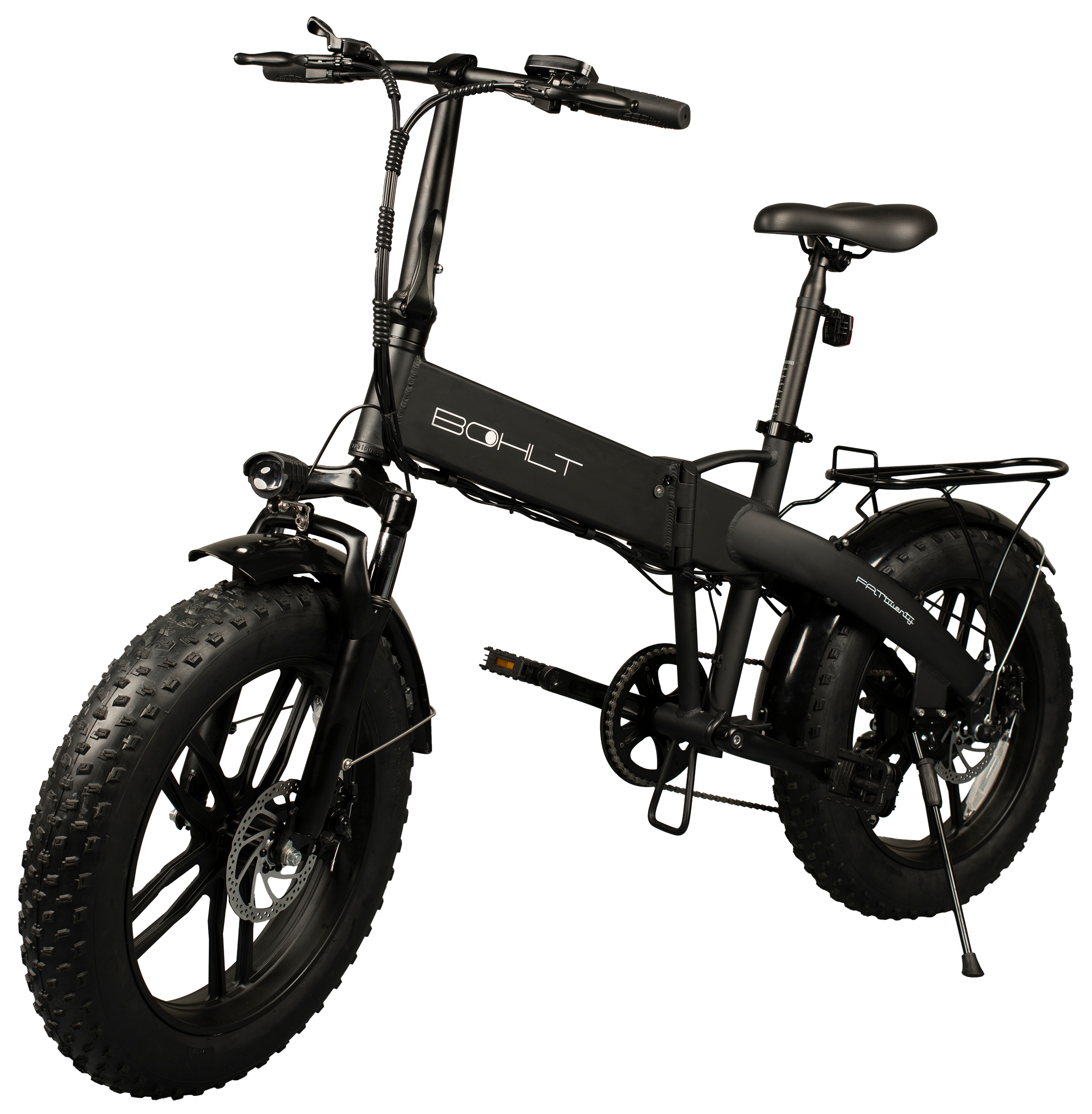 Black fat tire electric bicycle with a front light and a rear rack. The BOHLT logo is on the frame.