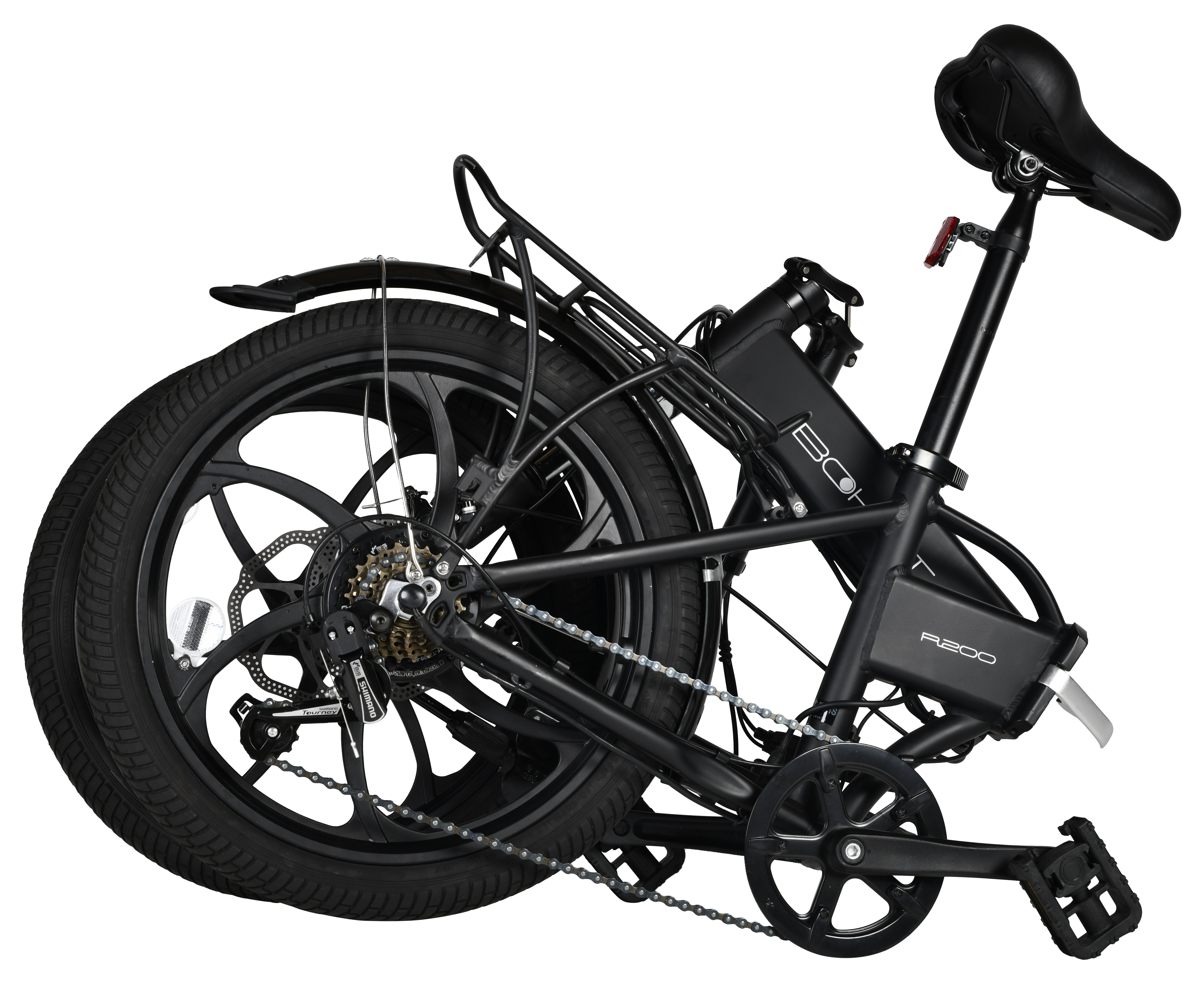 Folded black electric bike, rear view, showing wheels, gears, and battery.