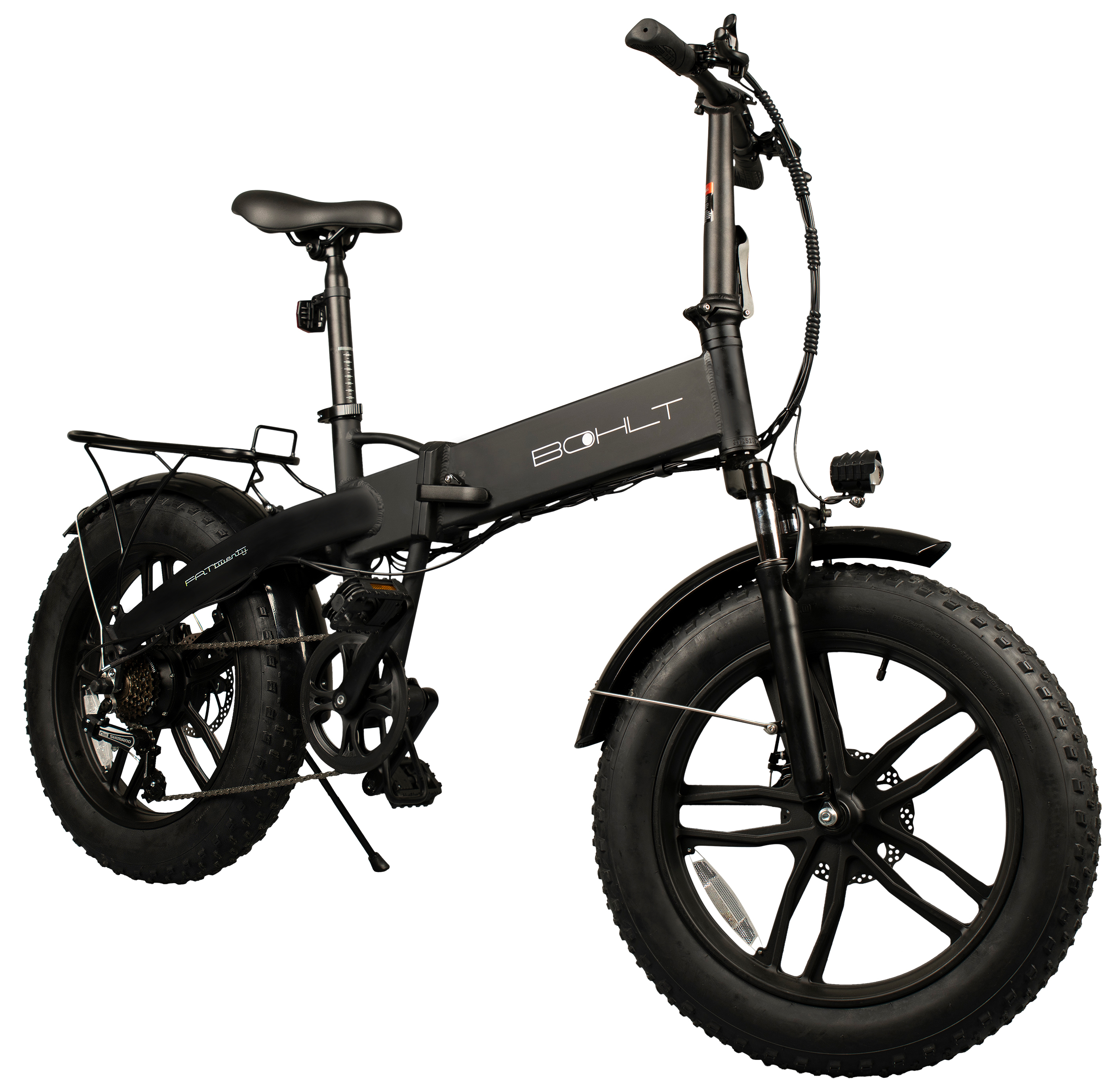 Black electric bicycle on a white background. Thick tires and a foldable frame are visible.