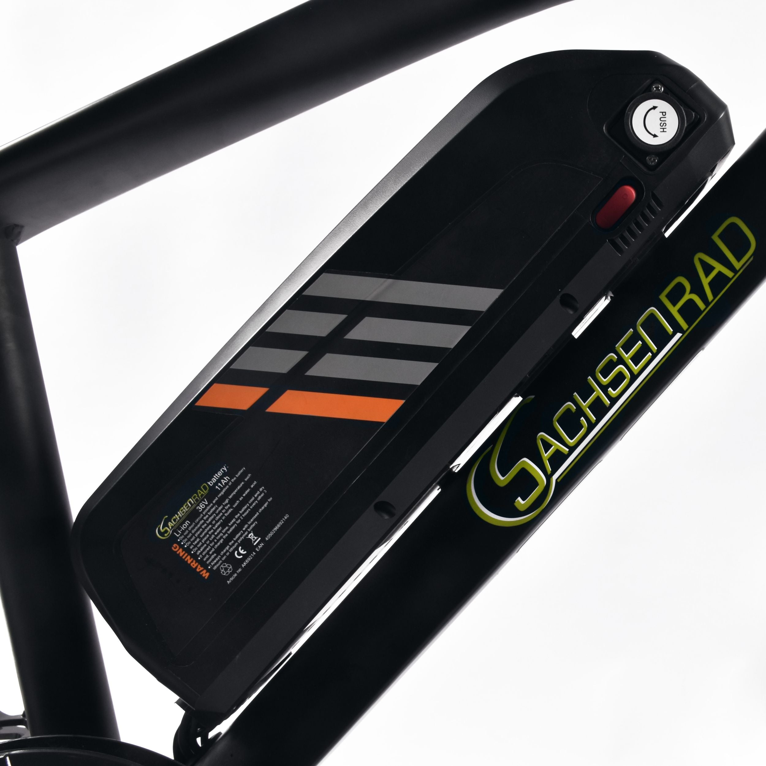 Ein schwarzer Sachs Rad E-Bike-Akku, montiert an einem Fahrradrahmen.