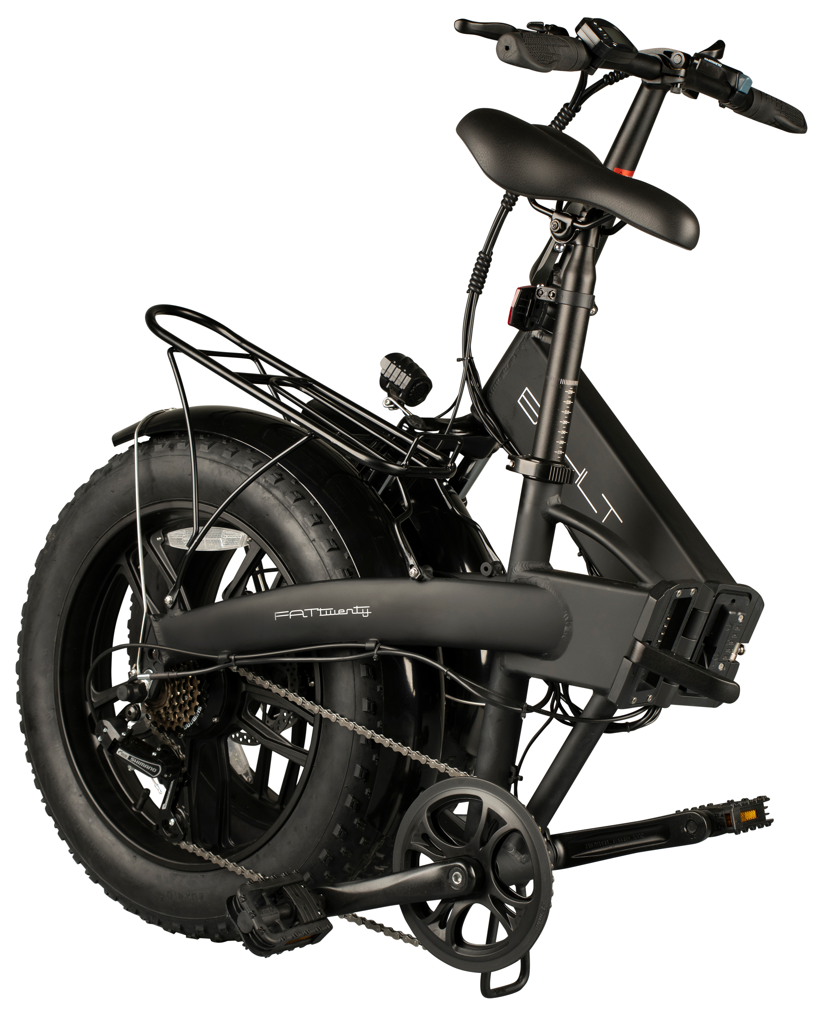 Black electric bicycle, side view. Features large tires, frame, seat, and handlebars.