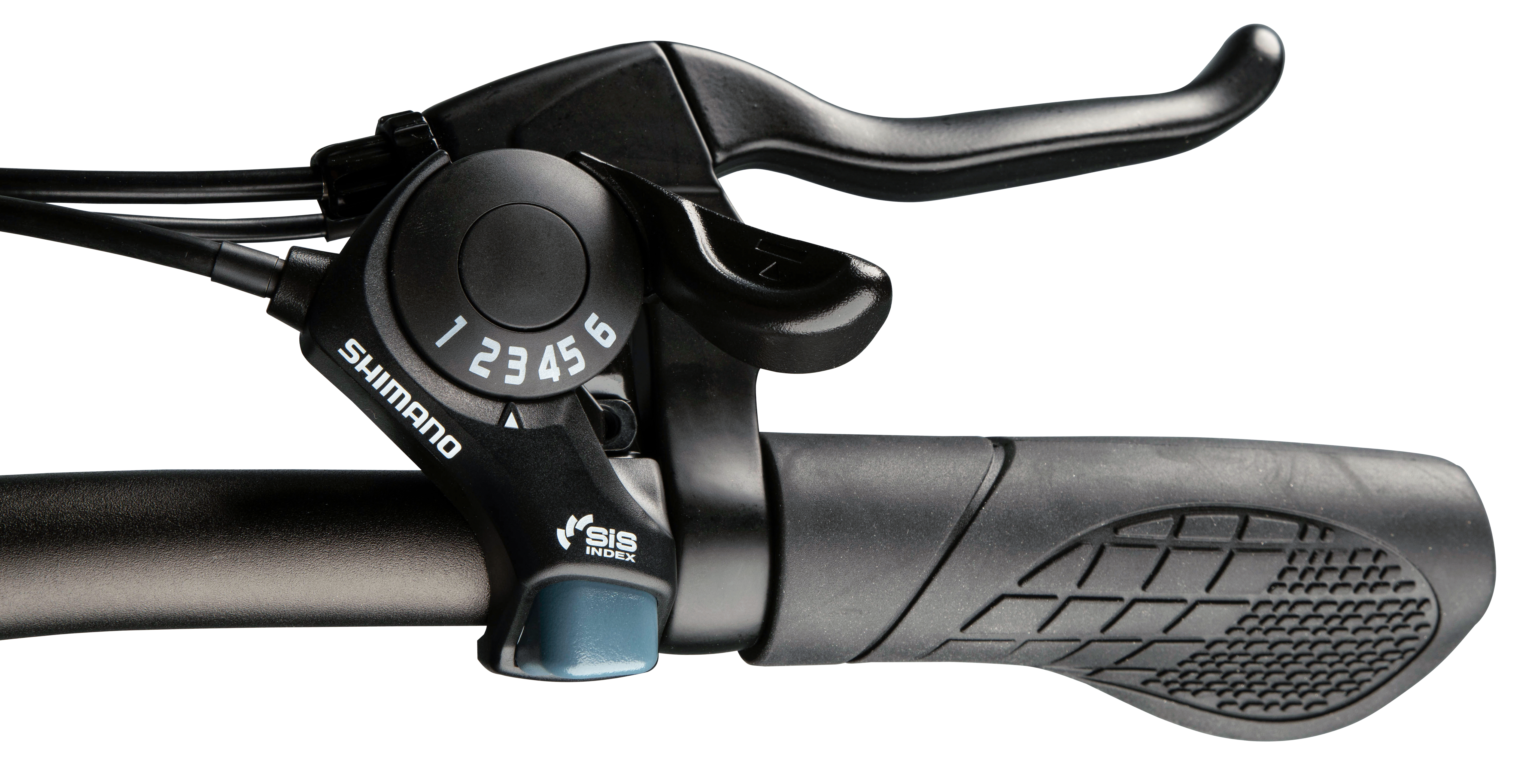Bicycle handlebar with a gear shift, Shimano brand, and a rubber grip.