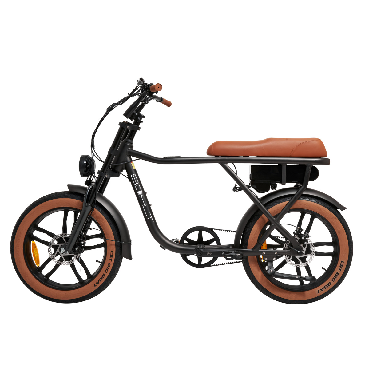 Schwarzes Elektrofahrrad mit braunem Sitz und Reifen, Seitenansicht.