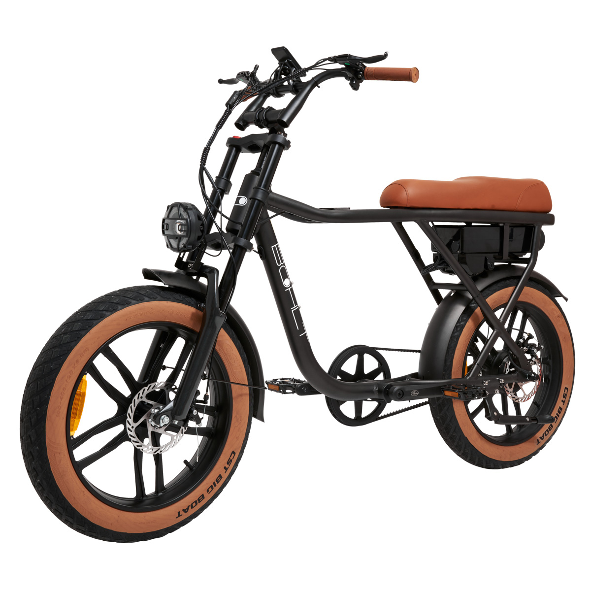 Schwarzes Elektrofahrrad mit braunem Sitz und Reifen. Es hat einen Scheinwerfer und einen Motor.