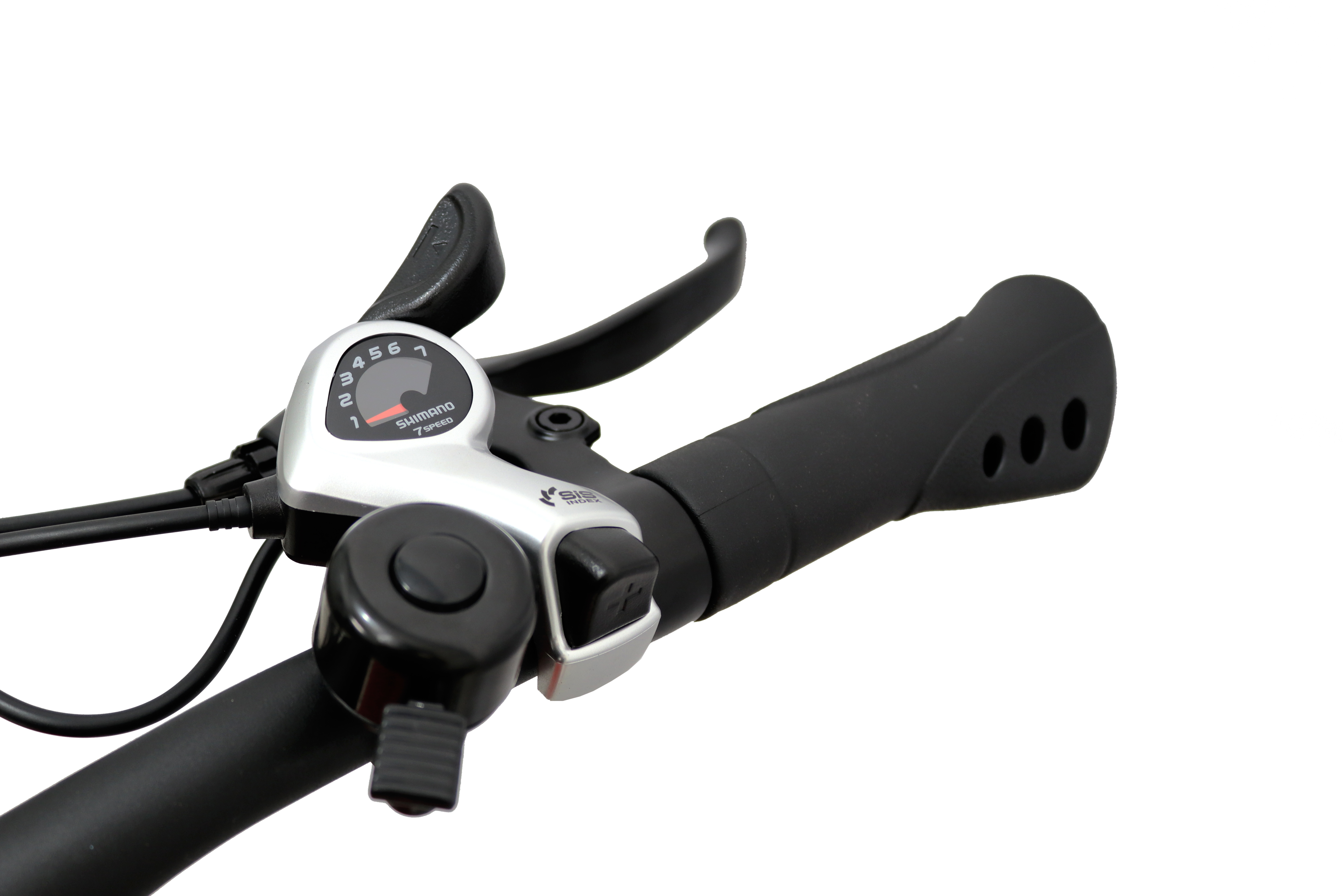 Kierownica roweru z kontrolkami: wskaźnik zmiany biegów, dźwignia hamulca, dzwonek i czarny uchwyt.