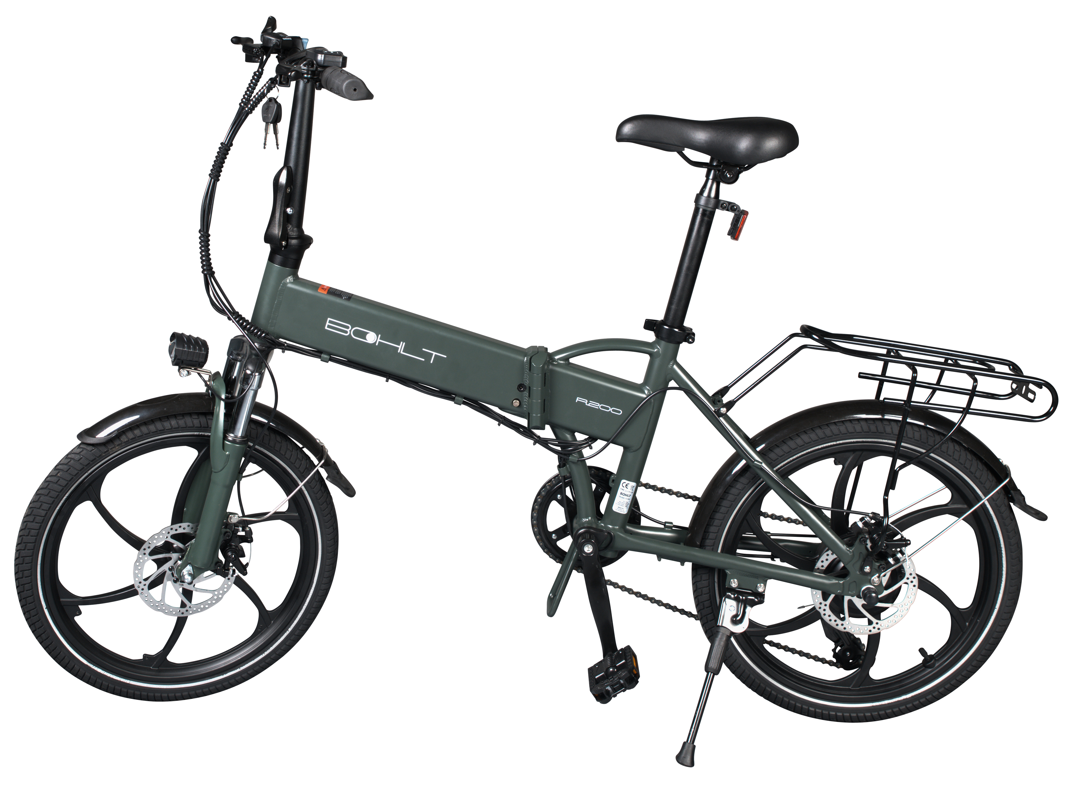 Green and black folding electric bike on white background.