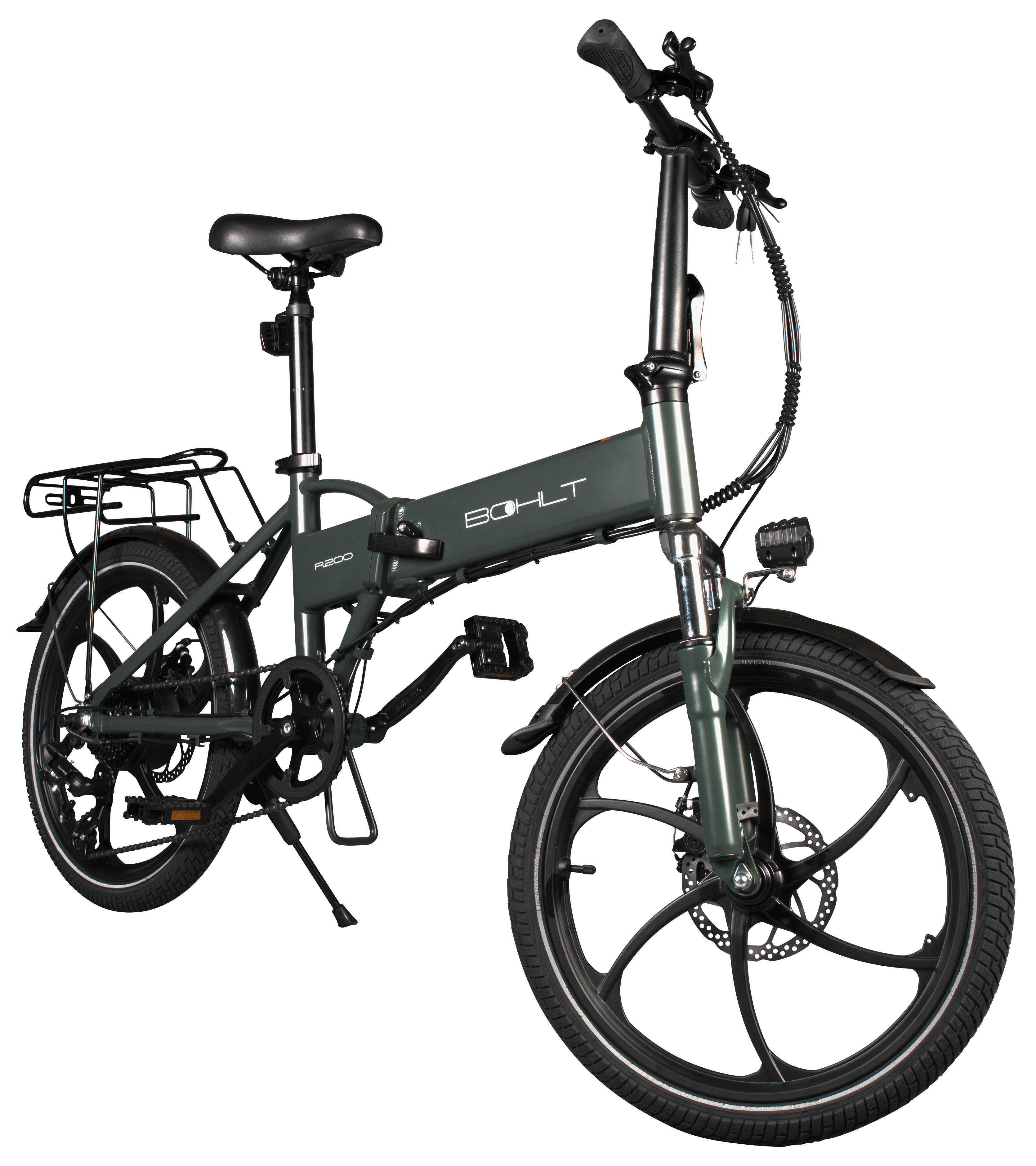 Green folding electric bicycle with black wheels on white background.