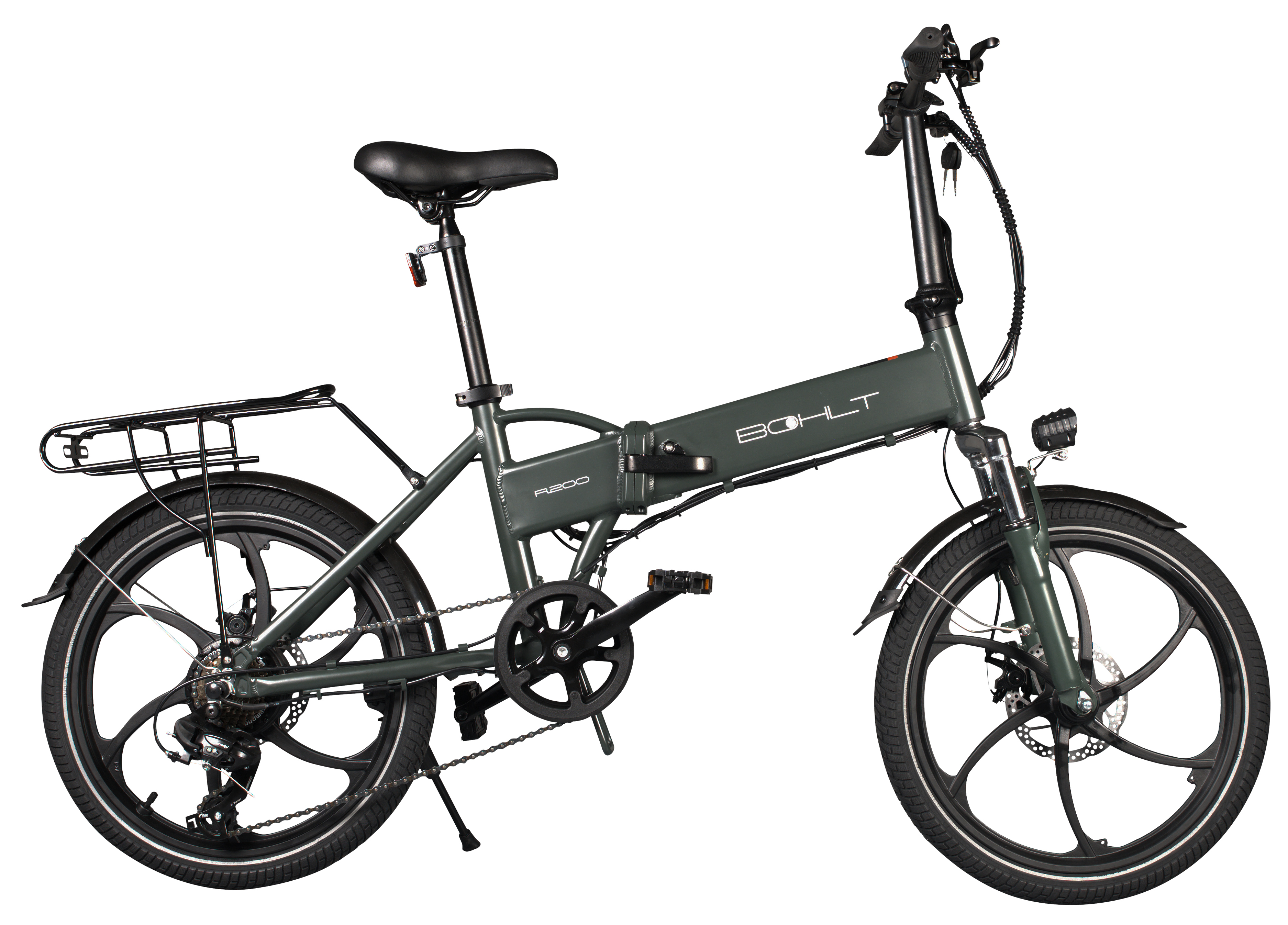 Green folding electric bicycle with black tires and a rear rack, studio shot.