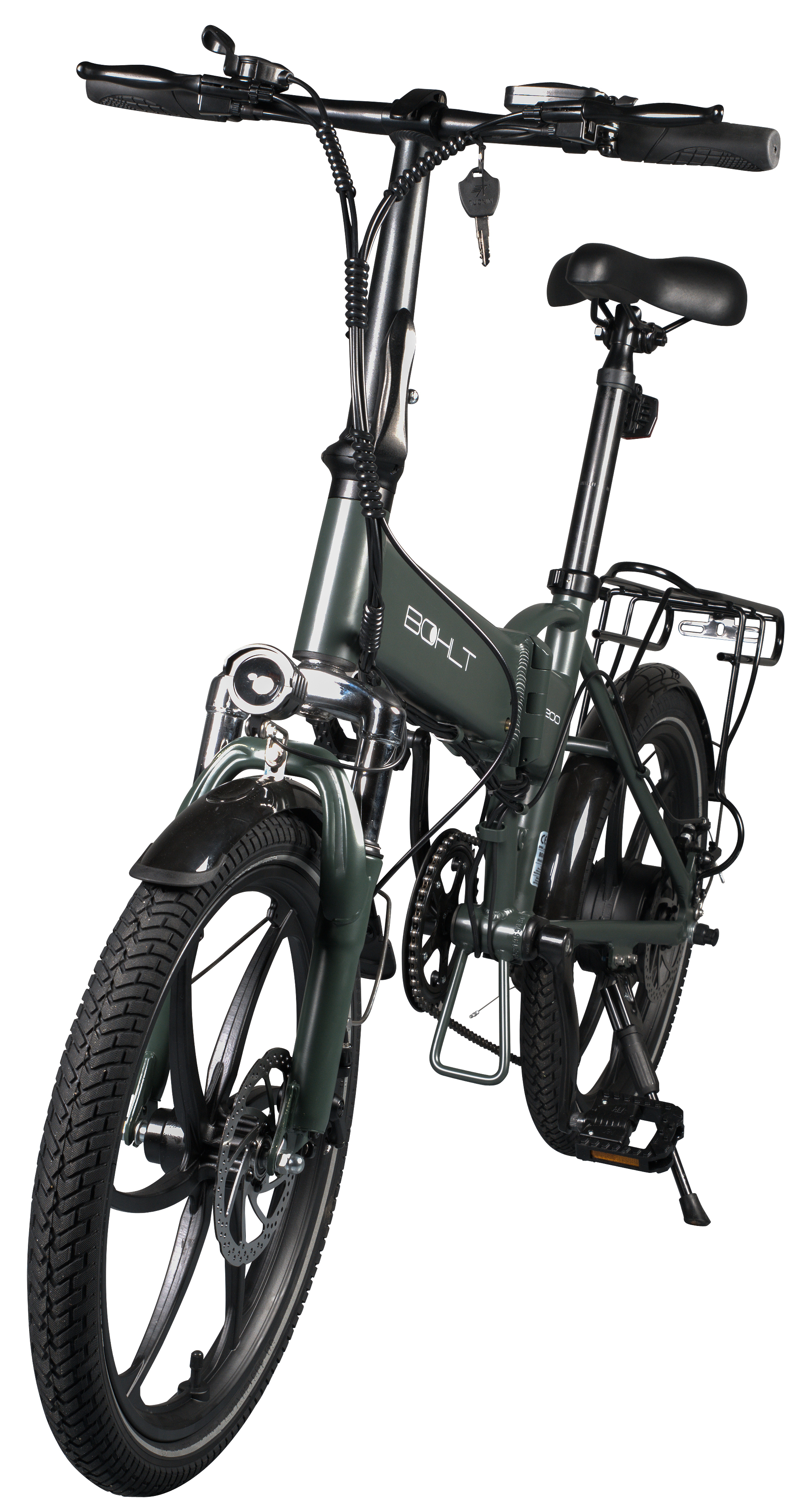 A dark green folding electric bicycle with a black frame, isolated on white.