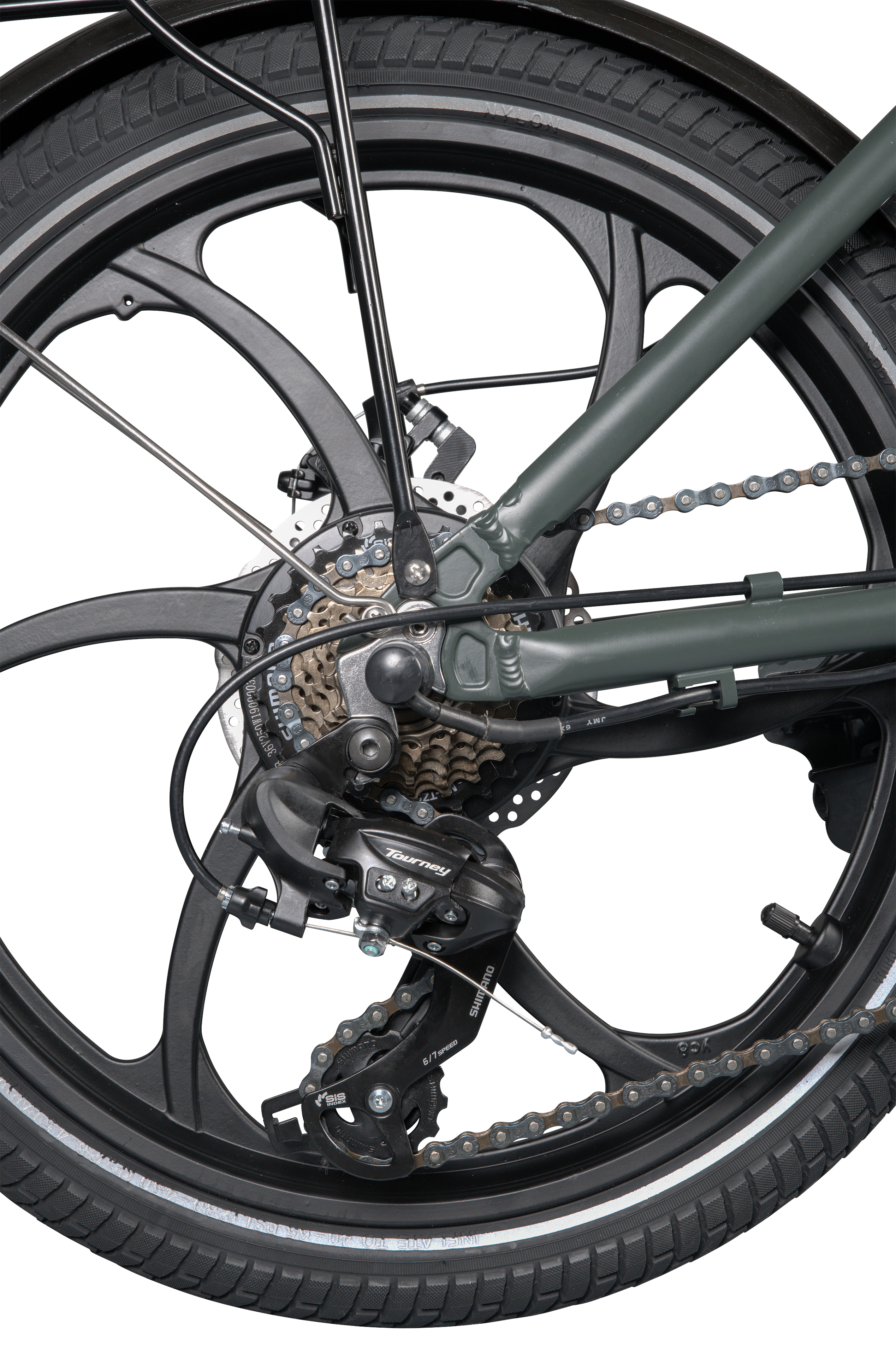 Close up of the rear wheel of a bike.