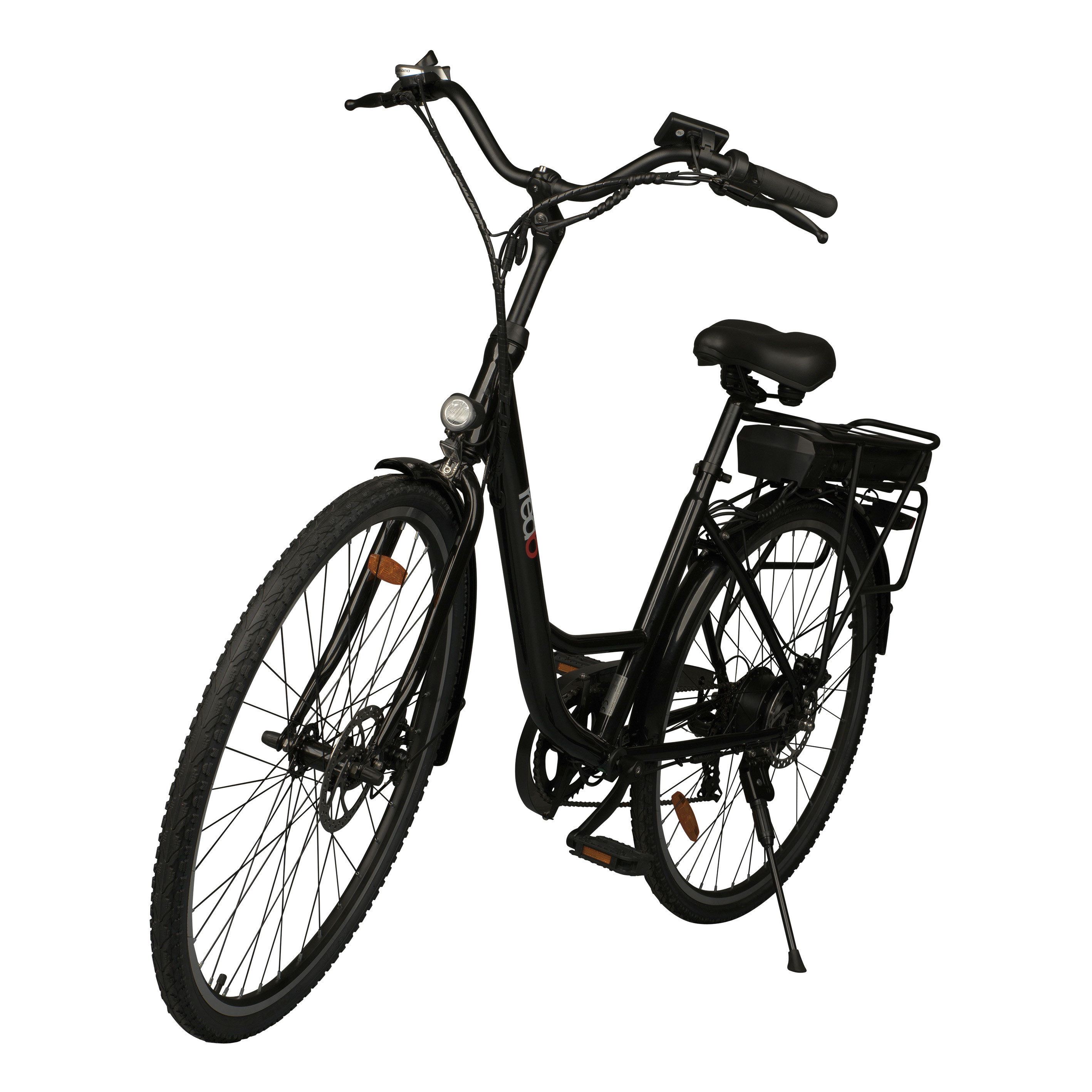 A black electric bicycle with a basket and a battery. It has a black seat and handlebars.