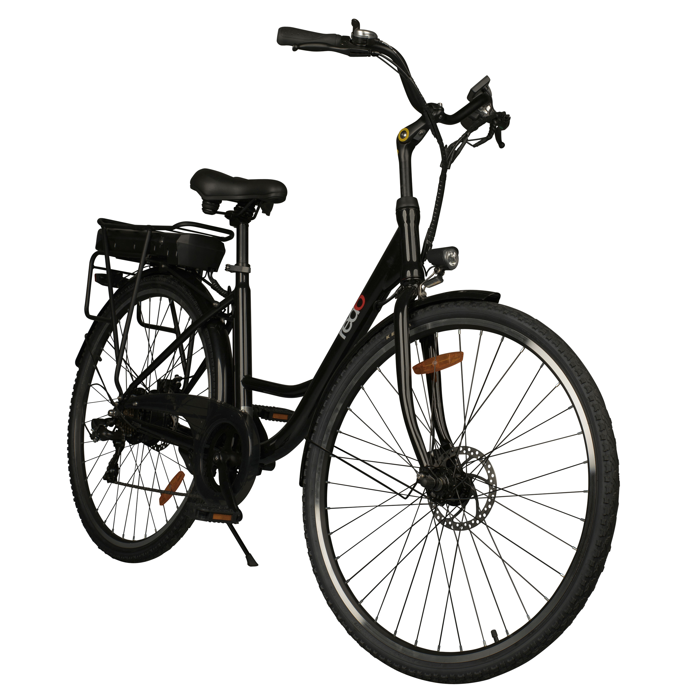 Black electric bicycle. Front view, with wheels, frame, seat, and handlebars visible on a white background.
