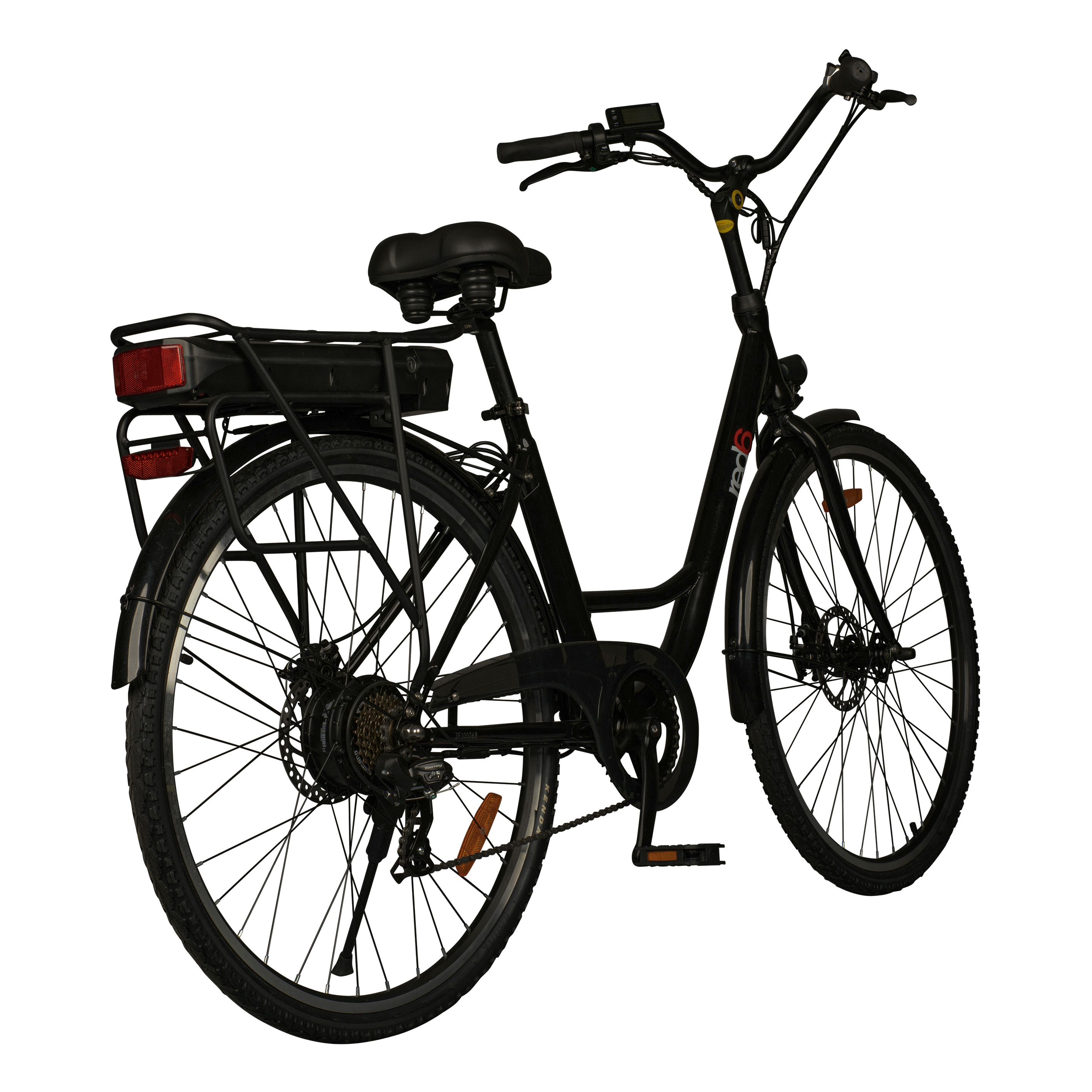 Black electric bicycle, rear view, with a rear rack, battery, and mudguards. White background.