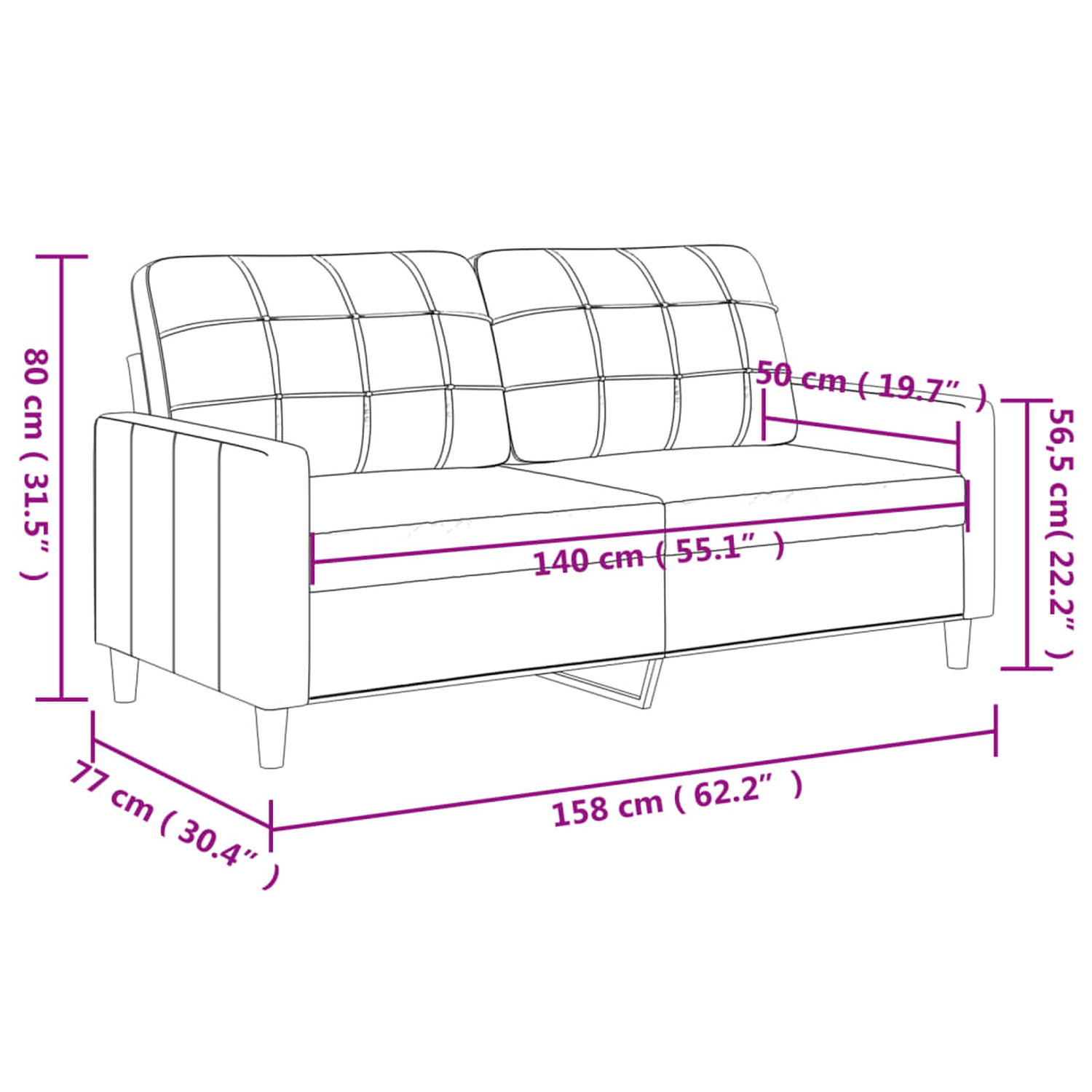 Eine Skizze eines Sofas mit Abmessungen in cm und Zoll. Das Sofa ist hellgrau.