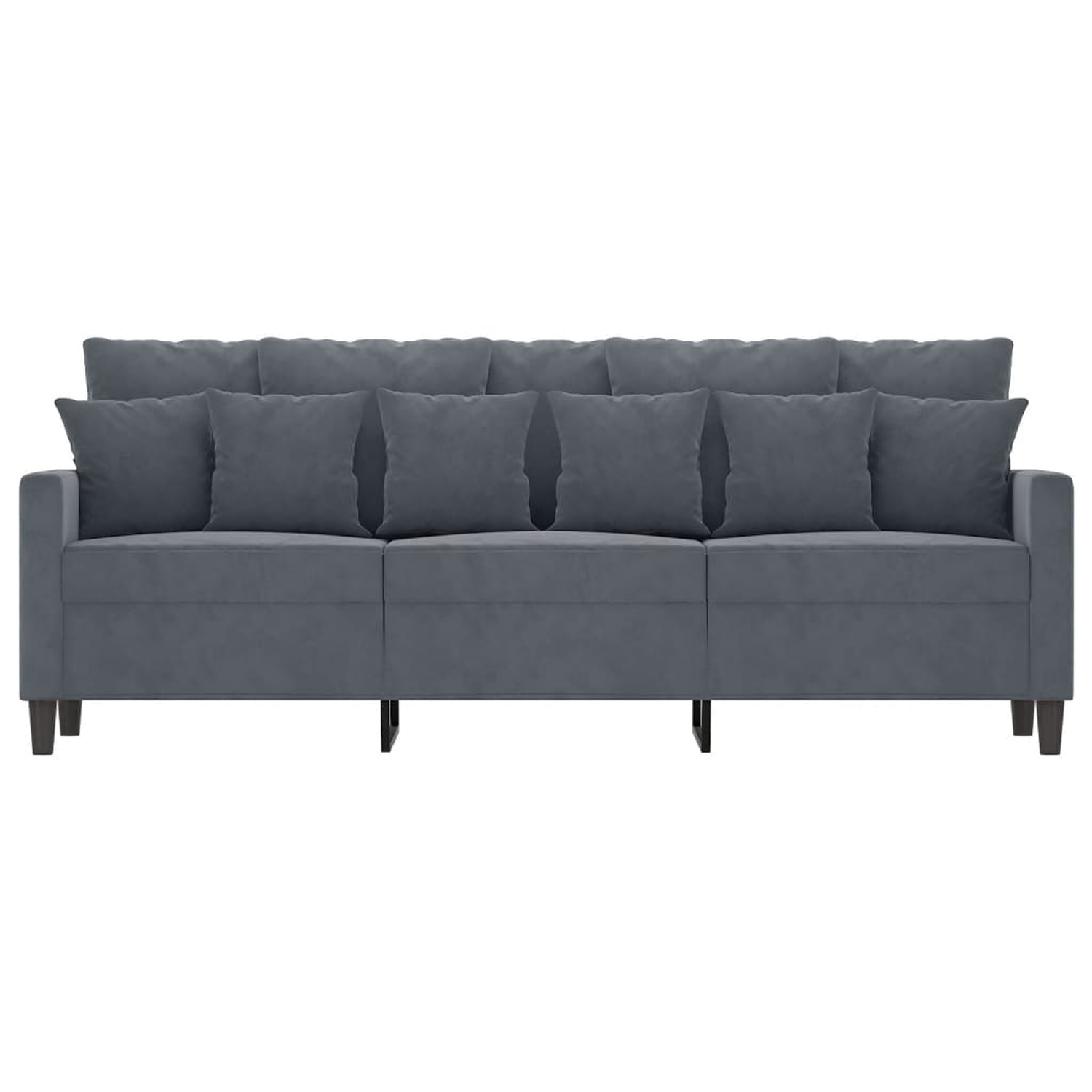 Graues Sofa mit sechs Kissen vor weißem Hintergrund. Die Beine sind dunkel.