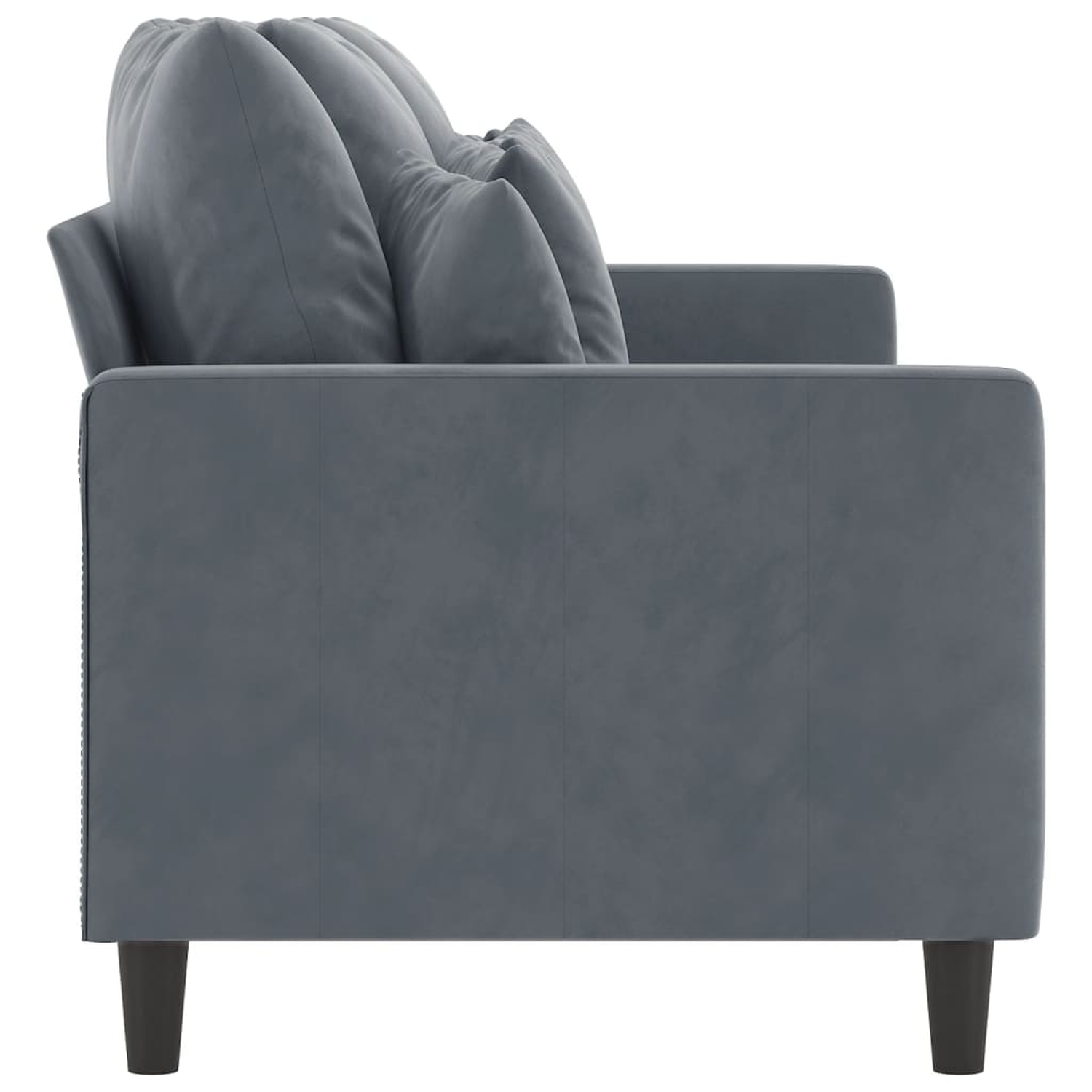 Seitenansicht eines grauen Sofas mit grauen Kissen auf weißem Grund.
